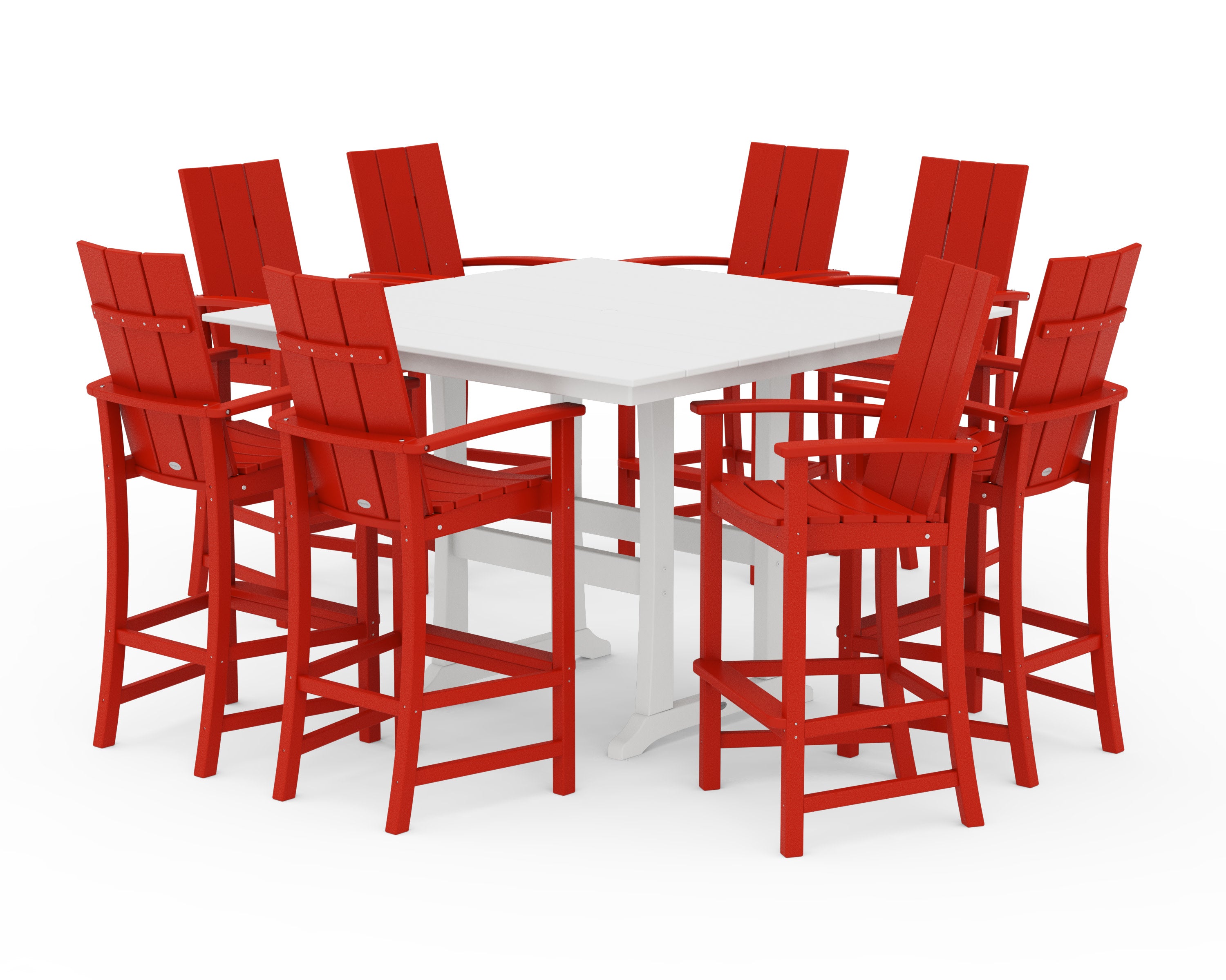 Modern Adirondack 9-Piece Farmhouse Trestle Bar Set in Sunset Red / White
