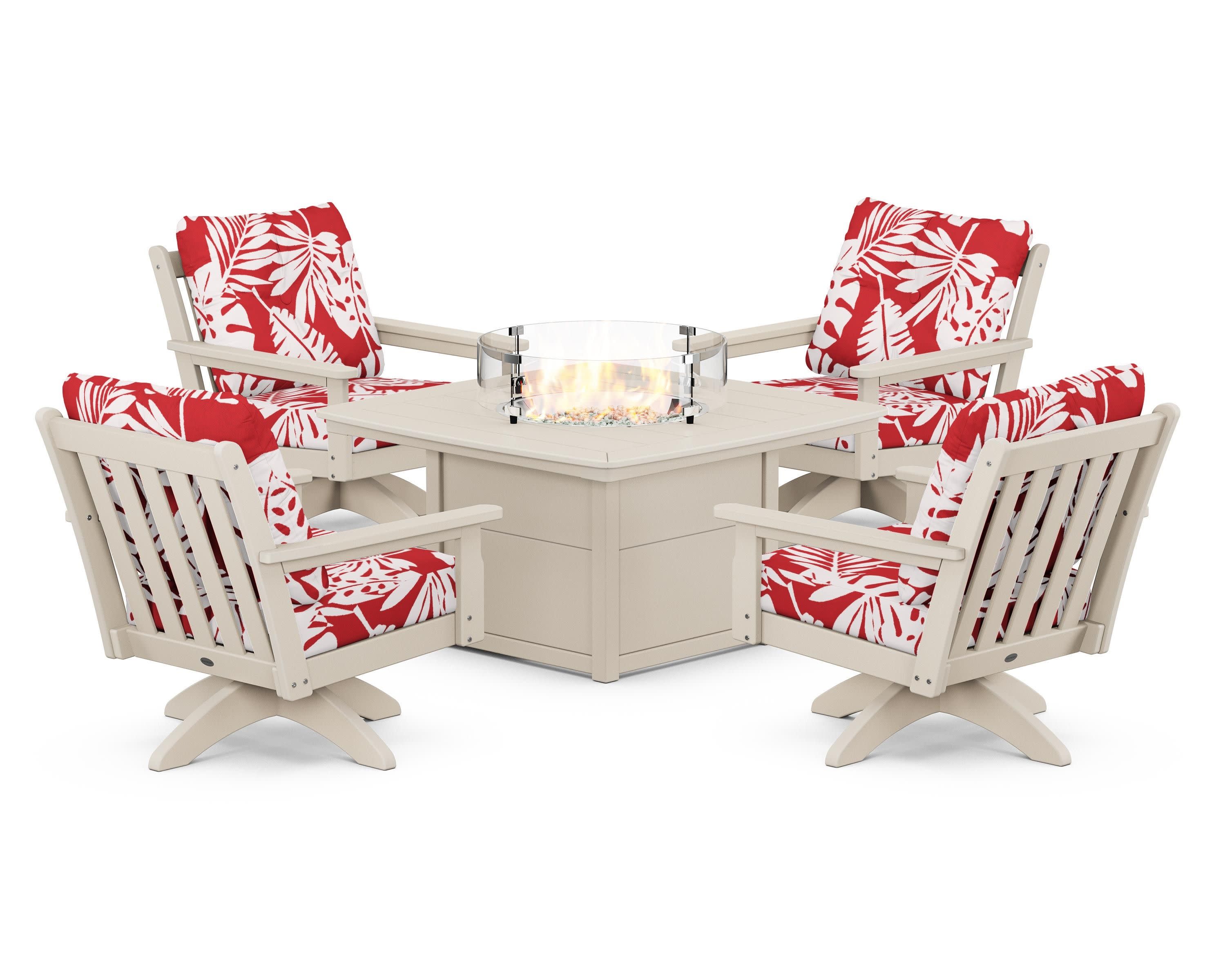 Vineyard 5-Piece Deep Seating Swivel Conversation Set with Fire Pit Table in Sand / Leaf Crimson