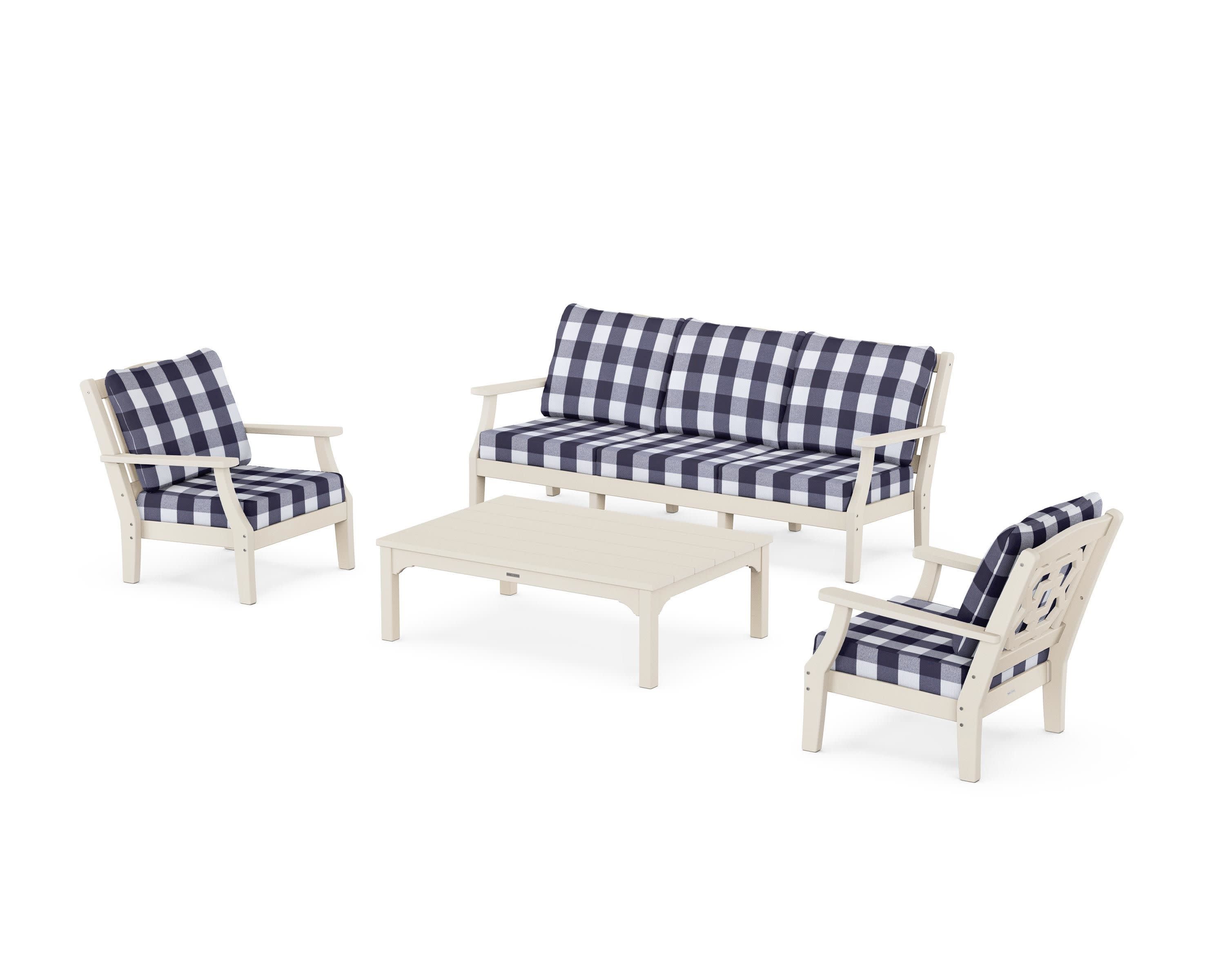 Chinoiserie 4-Piece Deep Seating Set with Sofa in Sand / Buffalo Plaid Navy