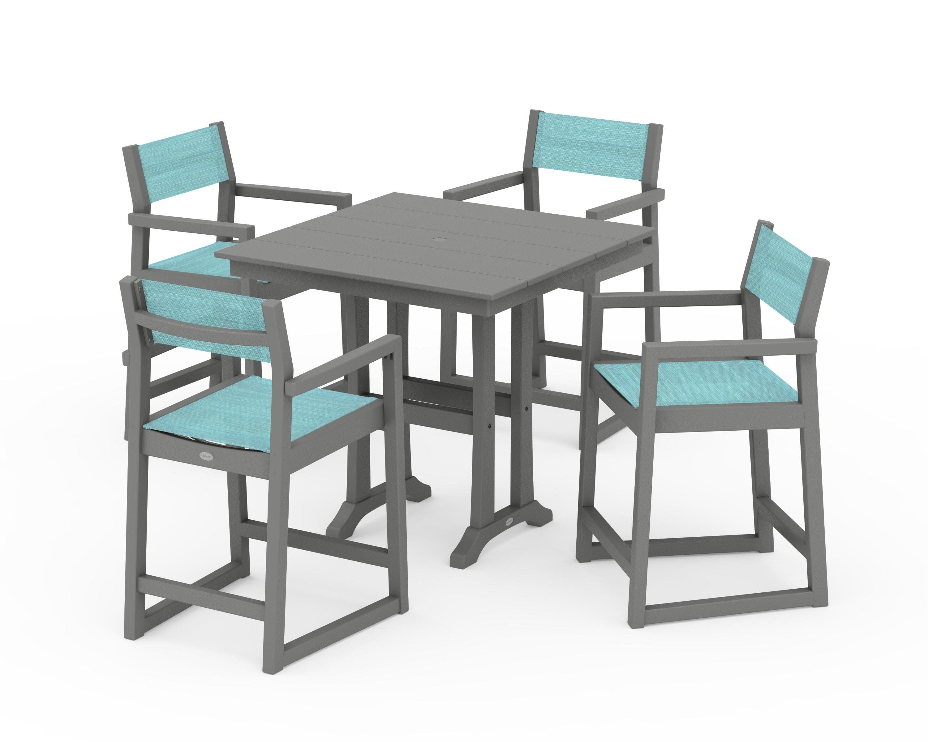 EDGE Sling Arm Chair 5-Piece Farmhouse Counter Set with Trestle Legs in Slate Grey / Dupioni Aquamarine Sling