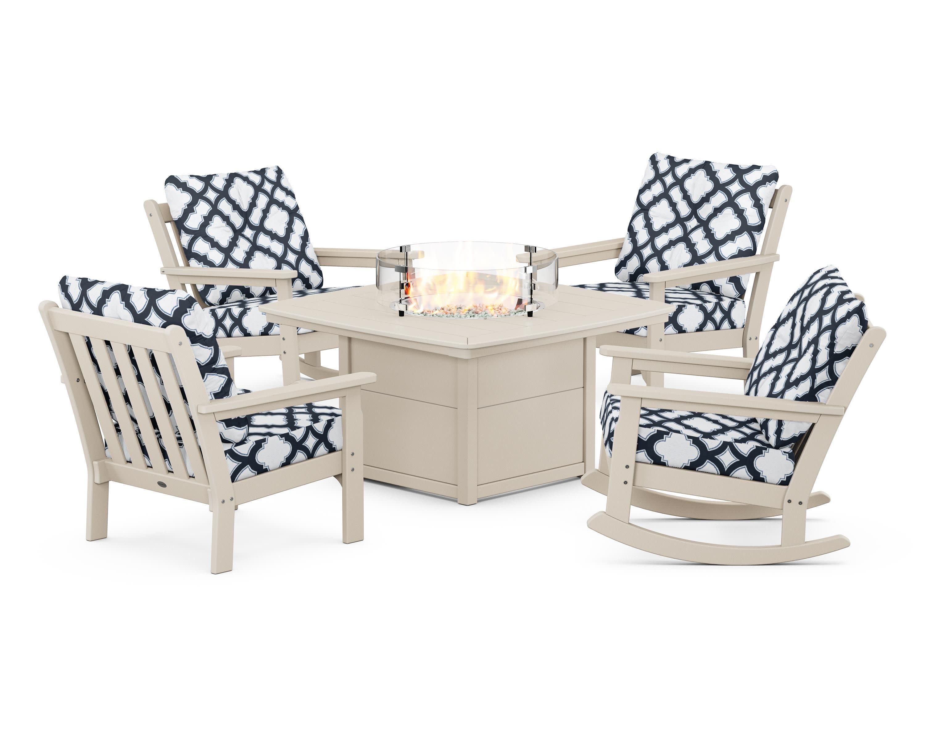 Vineyard 5-Piece Deep Seating Rocking Chair Conversation Set with Fire Pit Table in Sand / Trellis Marine Indigo