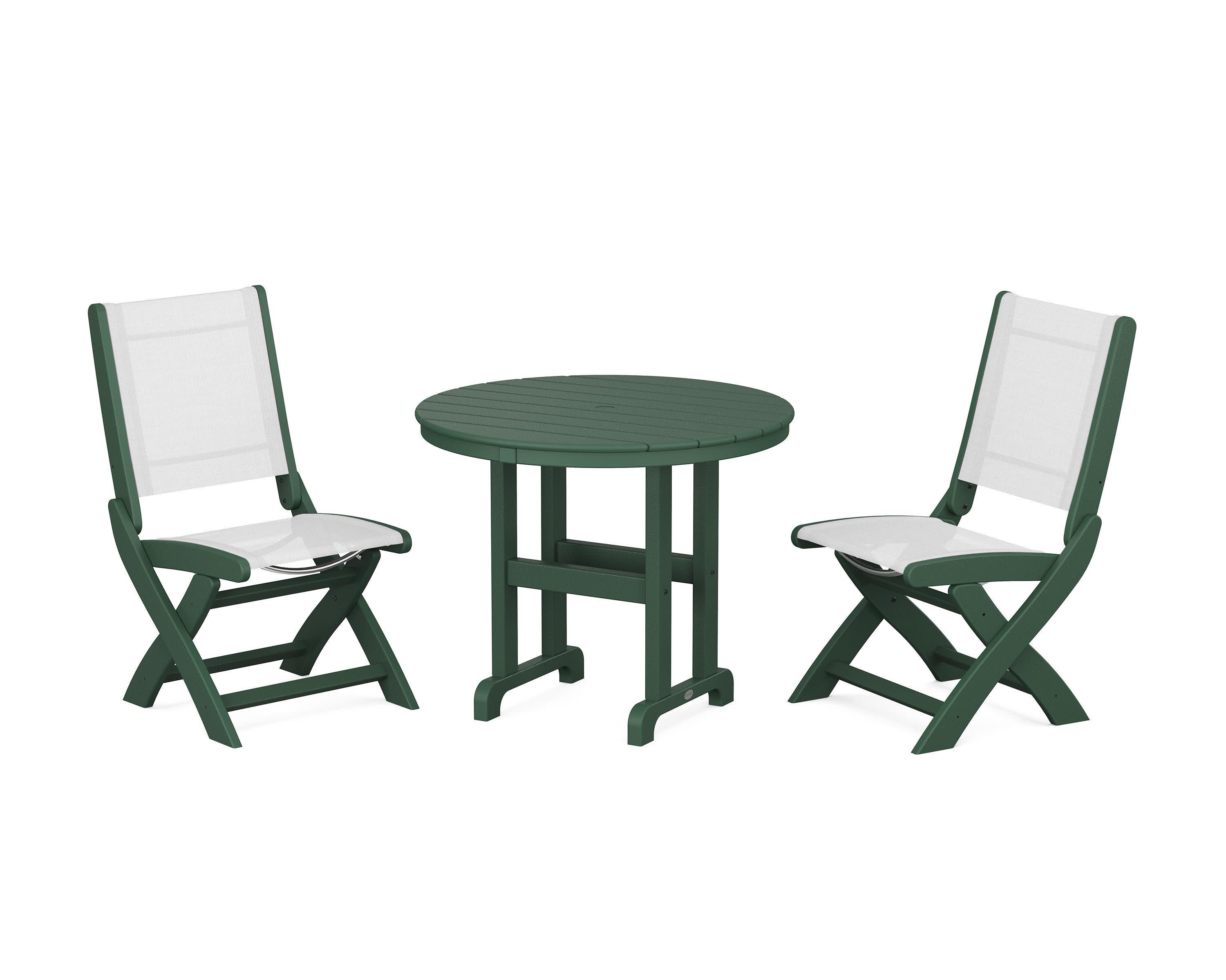 Coastal Folding Side Chair 3-Piece Round Dining Set in Green / White Sling