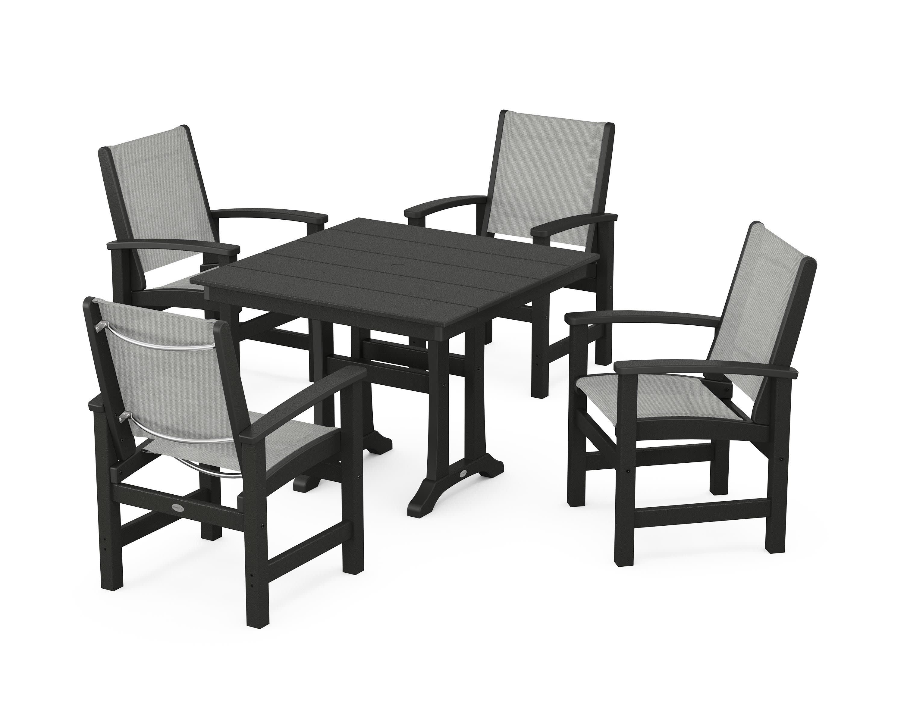 Coastal 5-Piece Farmhouse Dining Set With Trestle Legs in Black / Metallic Sling