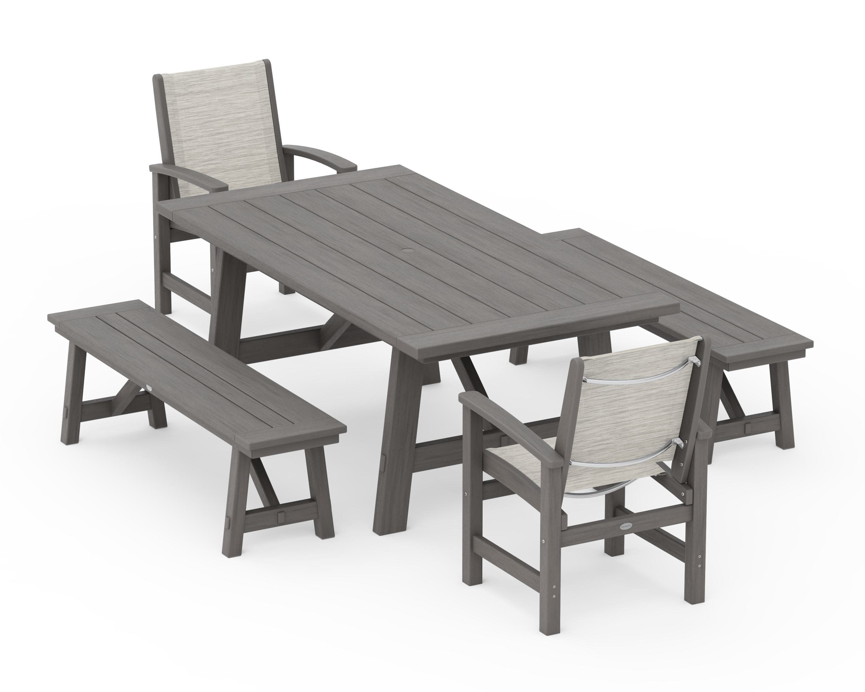 Coastal 5-Piece Rustic Farmhouse Dining Set With Benches in Driftwood / Birch Sling