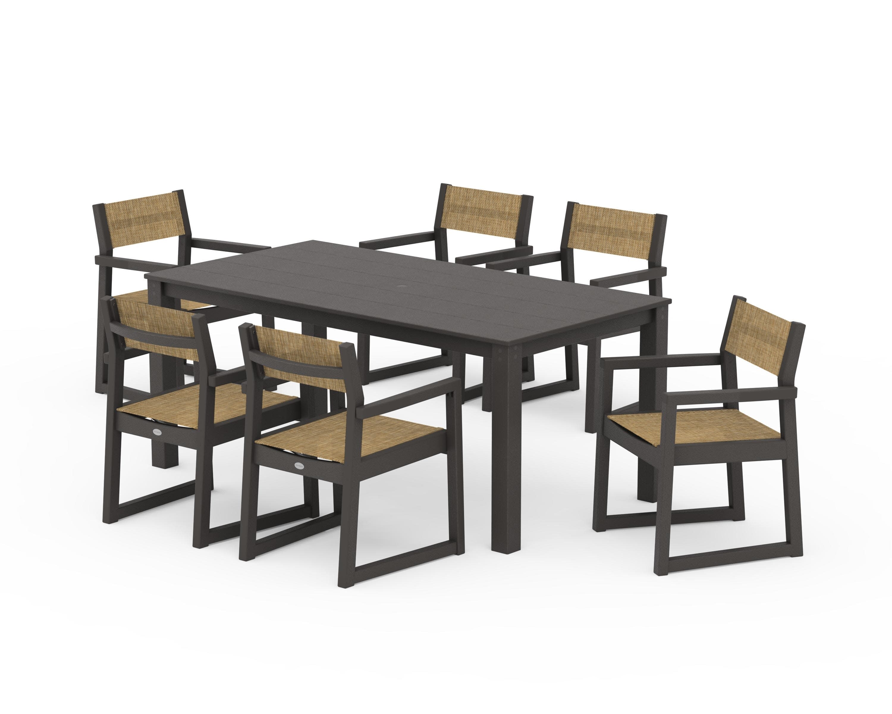 EDGE Sling Arm Chair 7-Piece Parsons Dining Set in Vintage Coffee / Burlap Sling