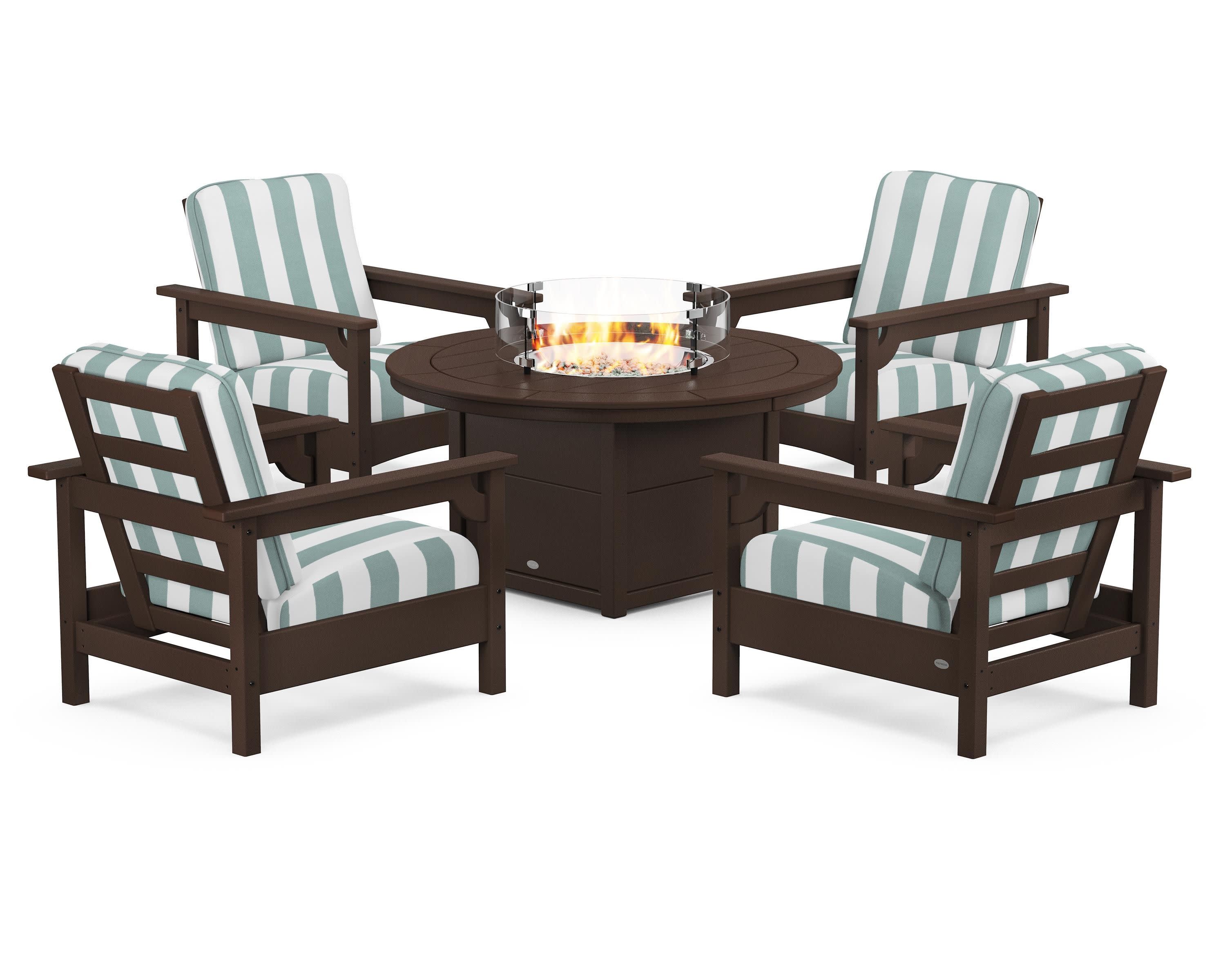 Club 5-Piece Conversation Set with Fire Pit Table in Mahogany / Cabana Stripe Glacier Spa