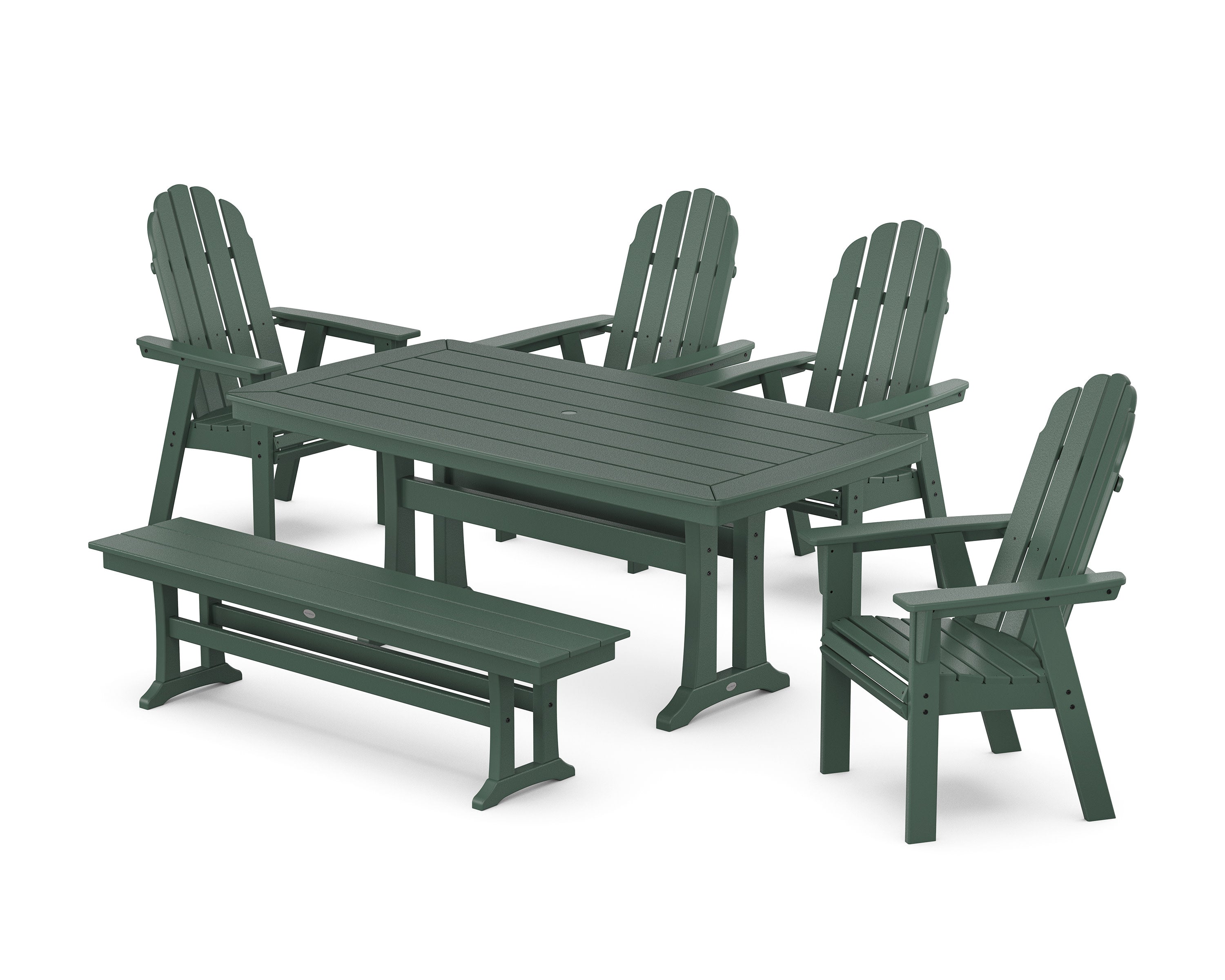 Vineyard Curveback Adirondack Chair 6-Piece Dining Set with Trestle Legs and Bench in Green
