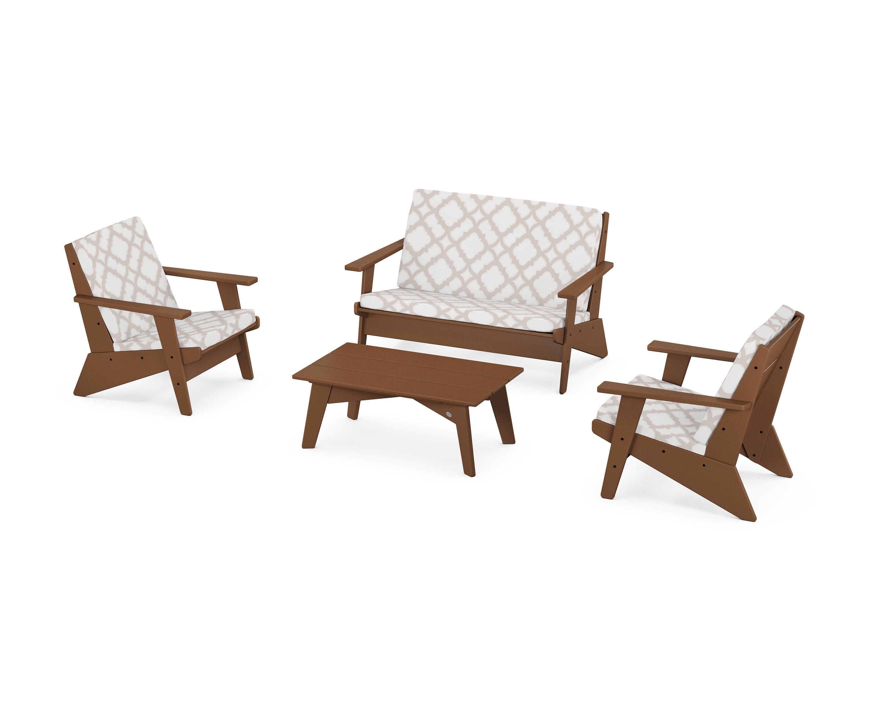Riviera Modern Lounge 4-Piece Set in Teak / Trellis Dune Burlap