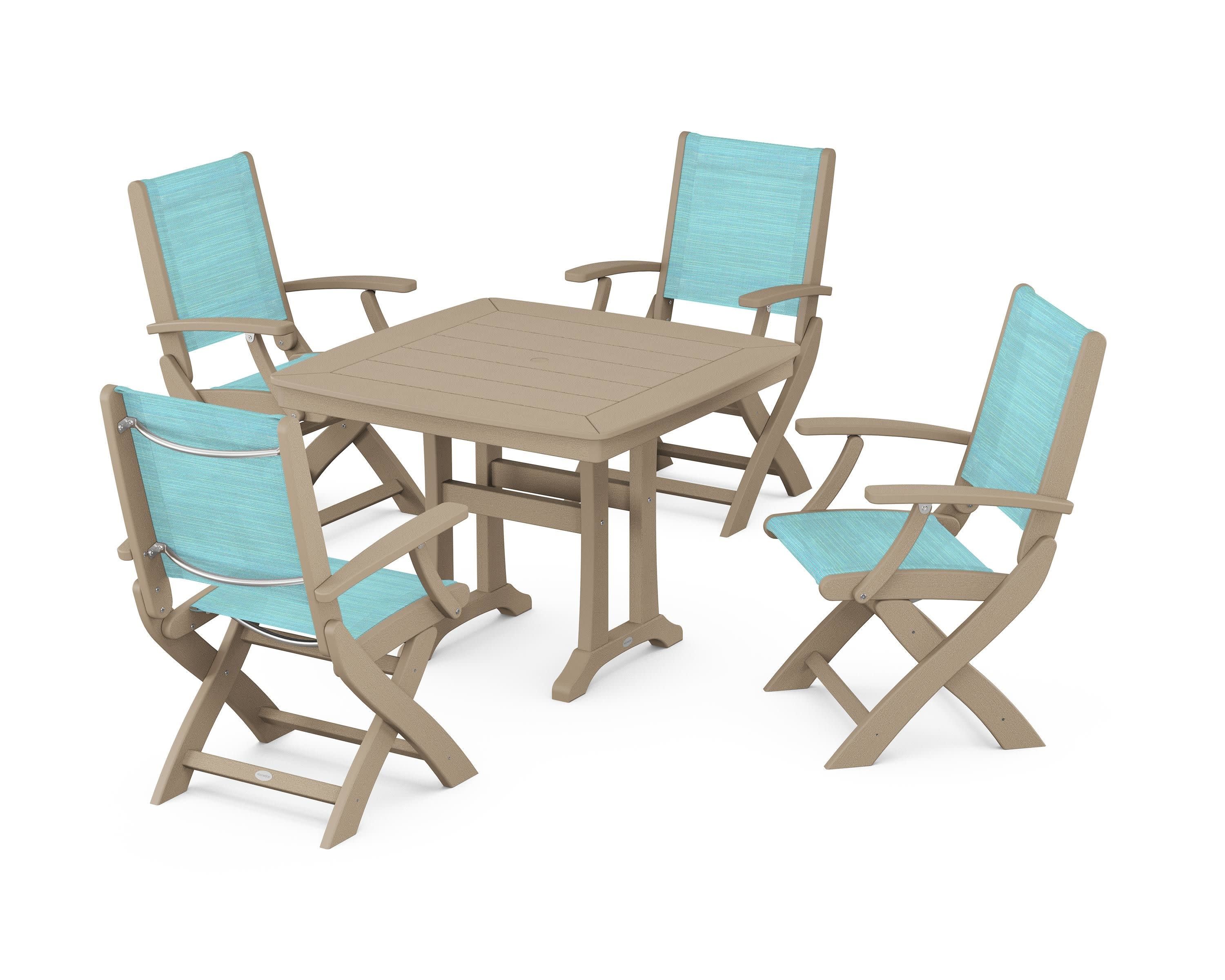 Coastal Folding Chair 5-Piece Dining Set with Trestle Legs in Vintage Sahara / Dupioni Aquamarine Sling