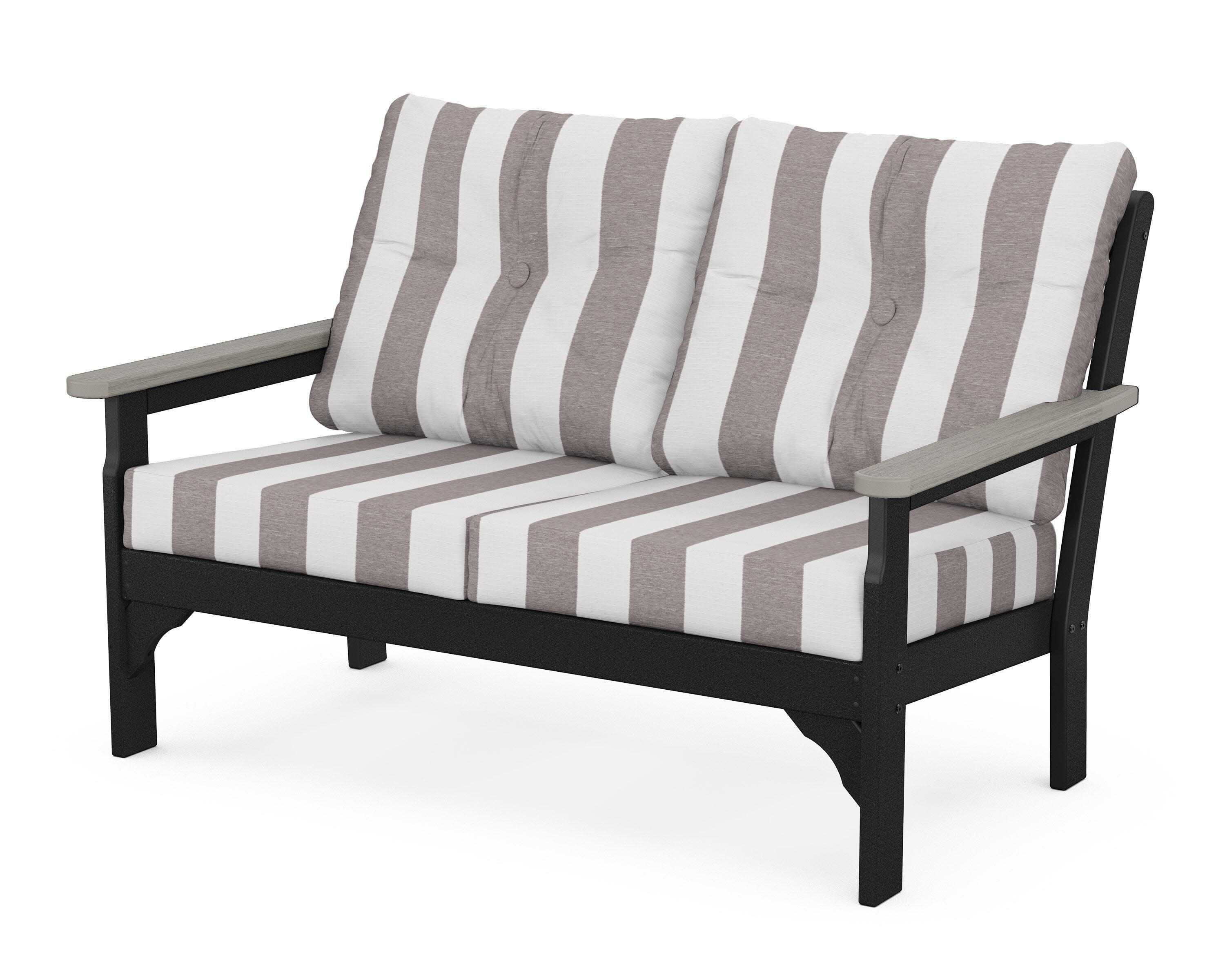 Vineyard Deep Seating Loveseat in Black / Driftwood / Cabana Stripe Grey Mist