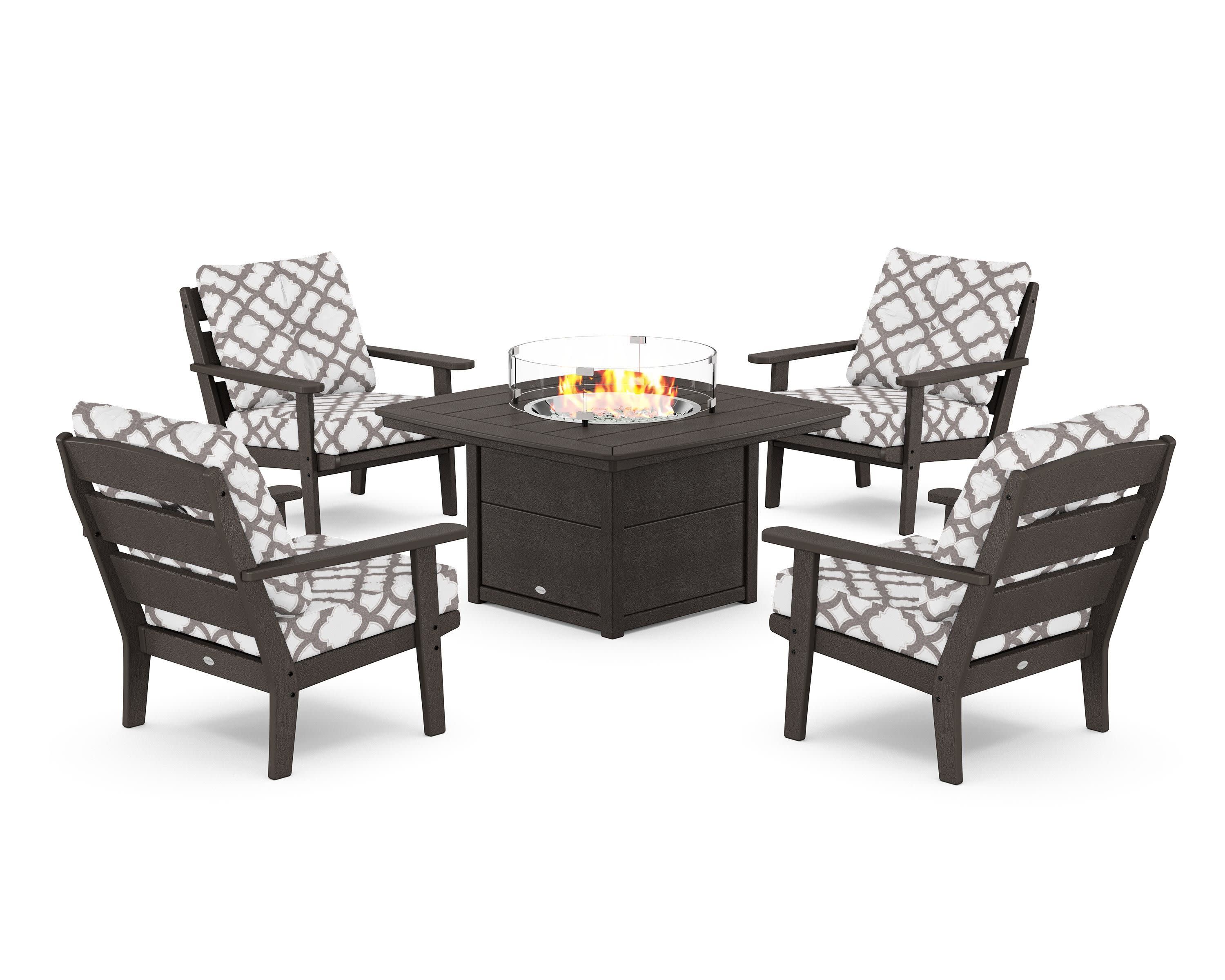 Lakeside 5-Piece Deep Seating Set with Nautical Fire Pit Table in Vintage Coffee / Trellis Grey Mist