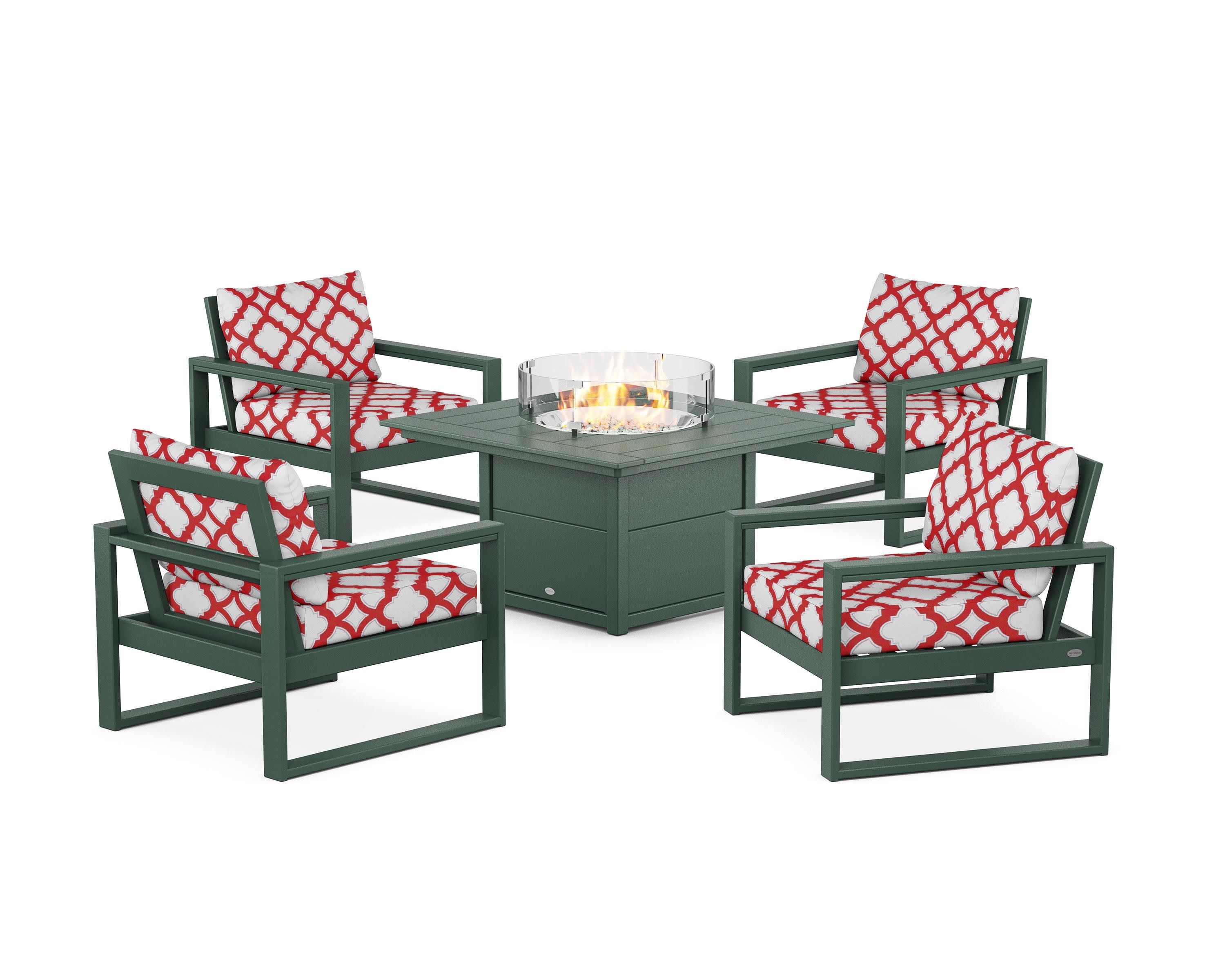 EDGE Sectional 5-Piece Deep Seating Set with Fire Pit Table in Green / Trellis Crimson