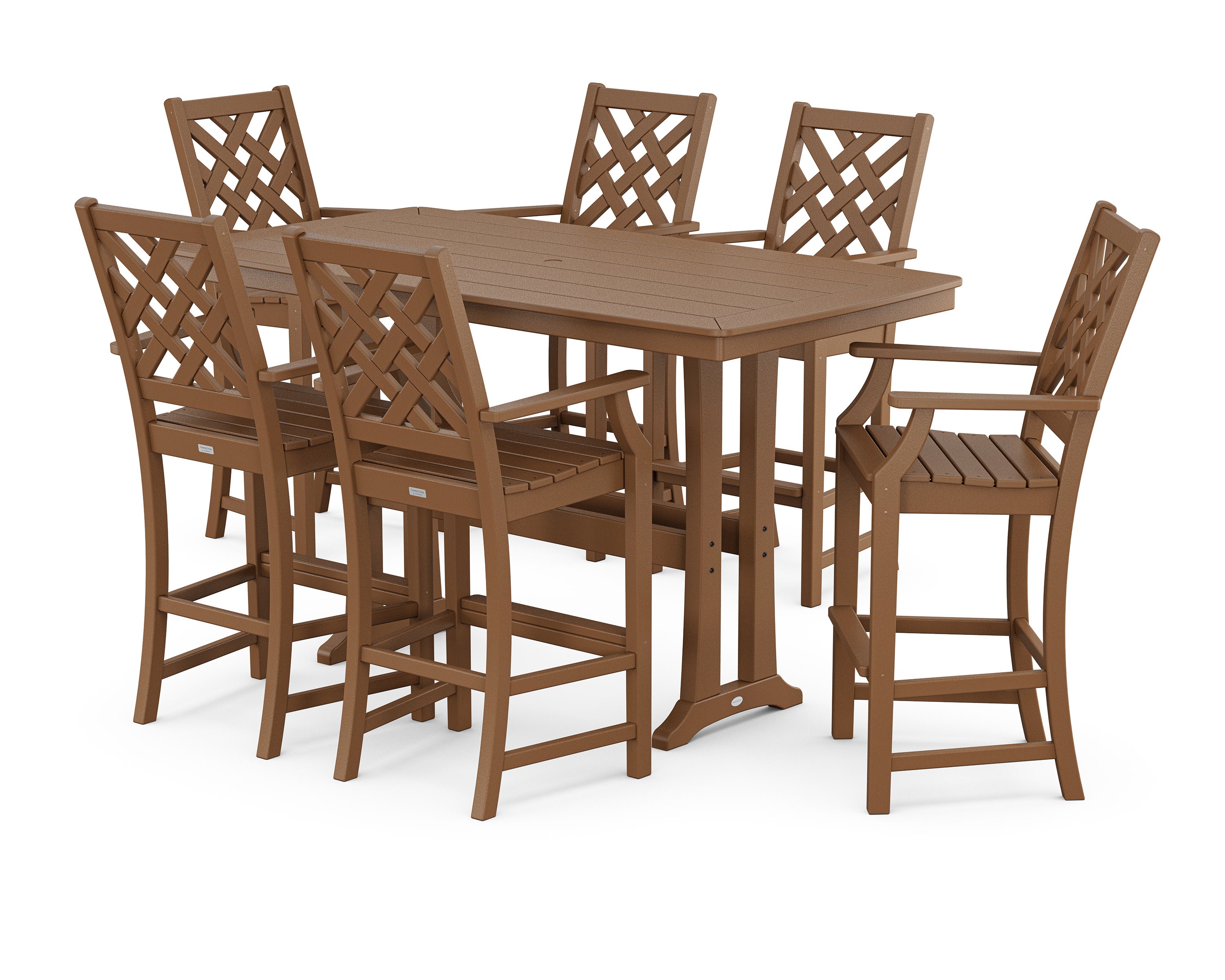 Wovendale Arm Chair 7-Piece Bar Set with Trestle Legs in Teak