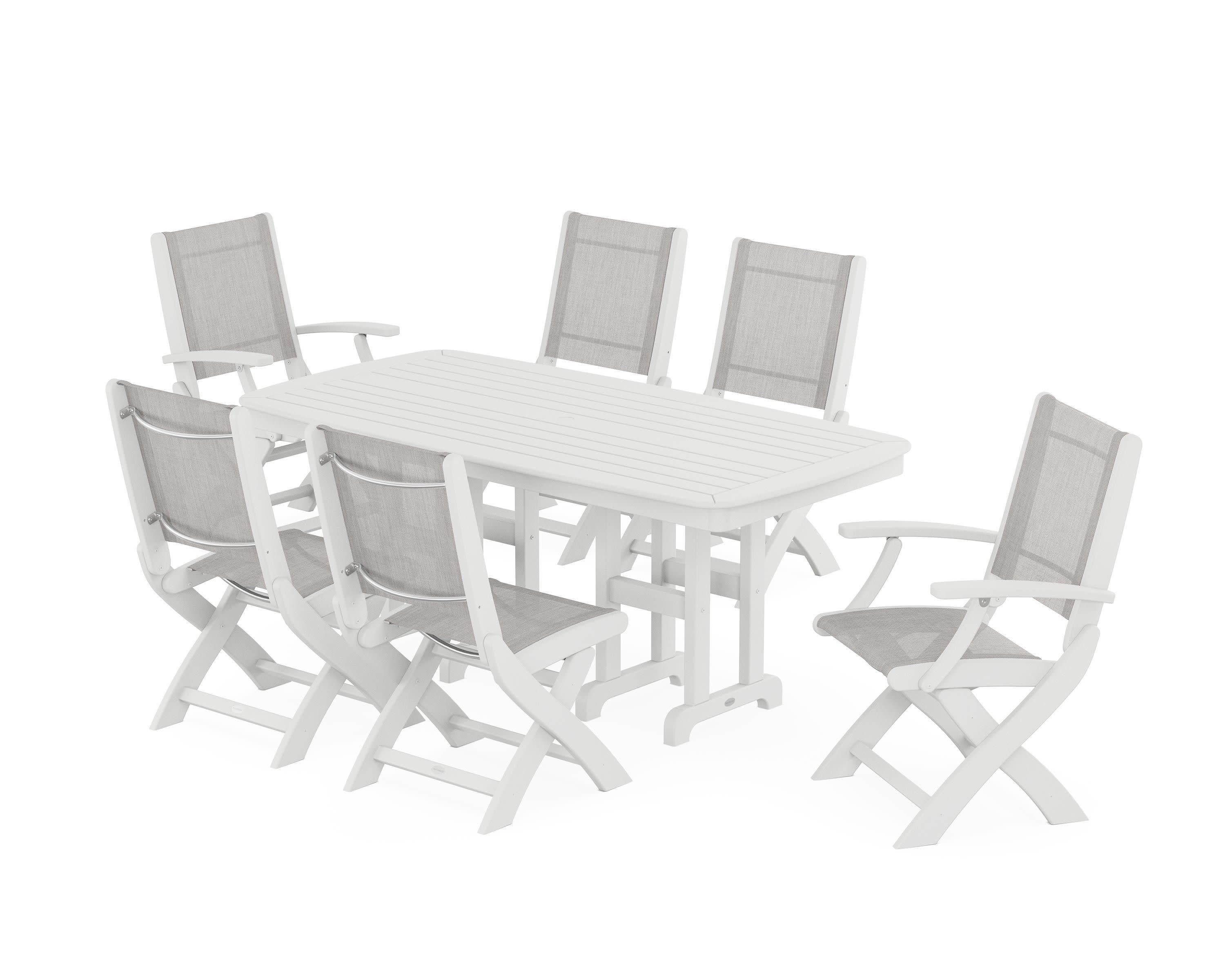 Coastal Folding Chair 7-Piece Dining Set in White / Parchment Sling