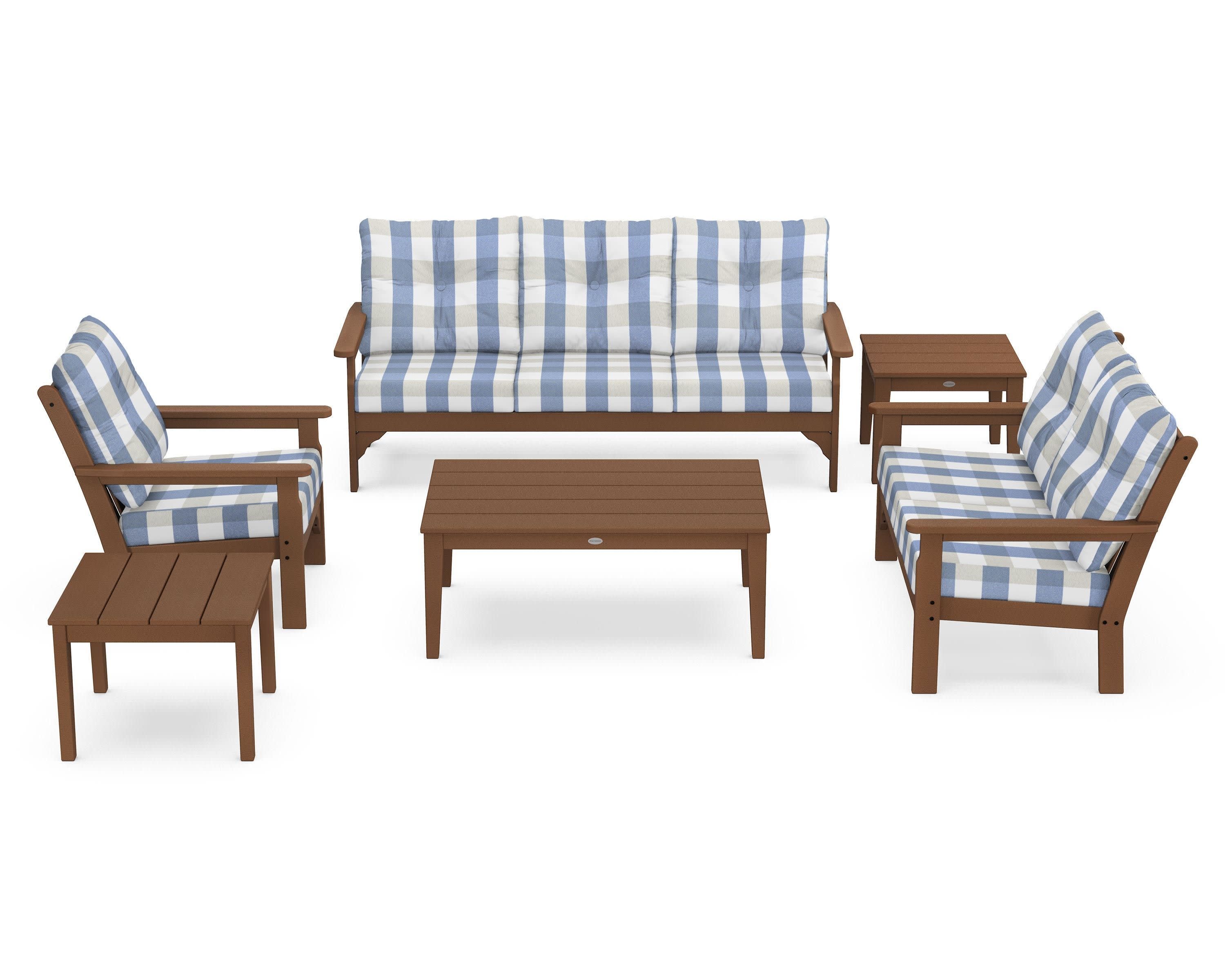 Vineyard 6-Piece Deep Seating Set in Teak / Buffalo Plaid Sky Blue