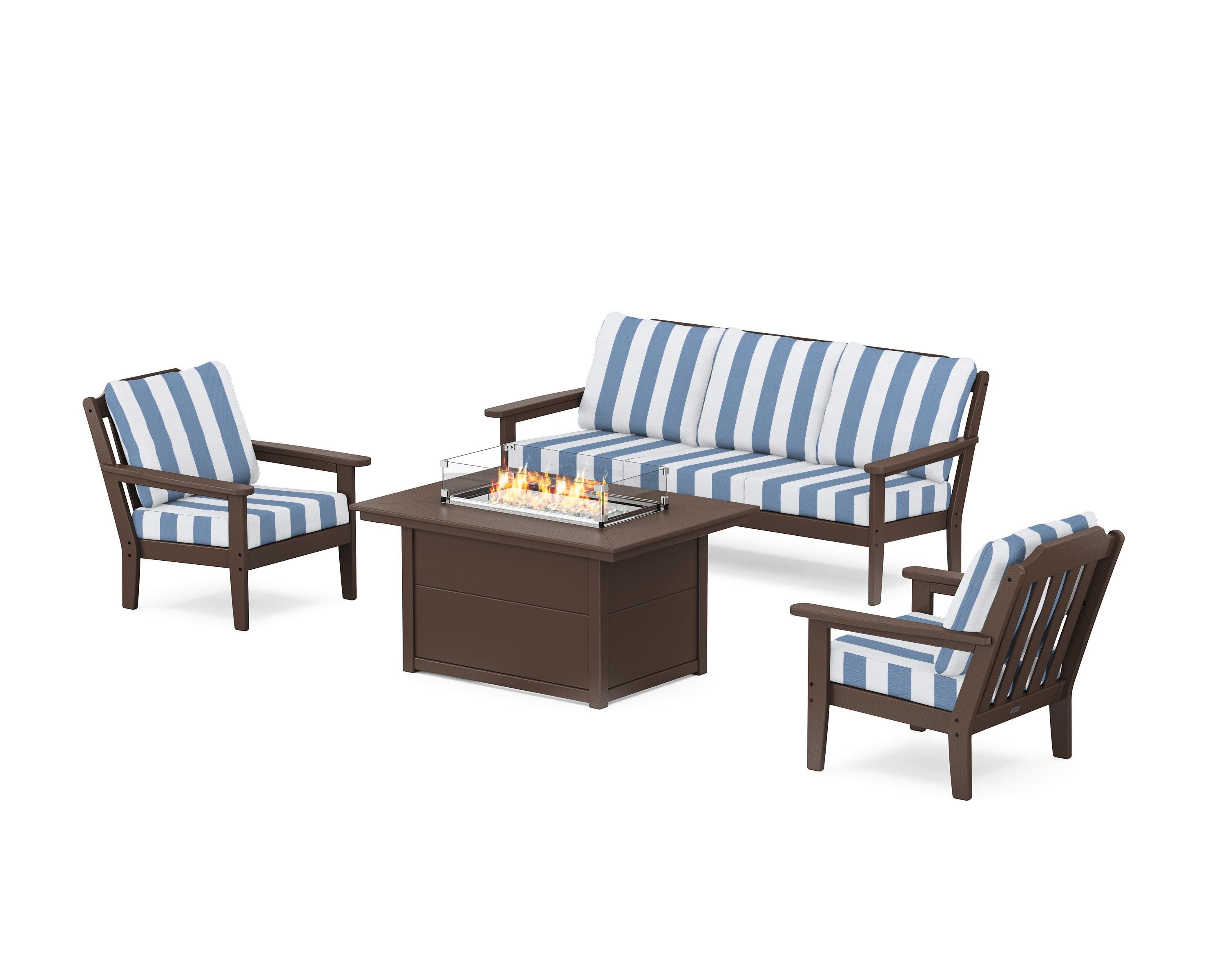 Cottage Deep Seating Fire Pit Table Set in Mahogany / Cabana Stripe Sky Blue