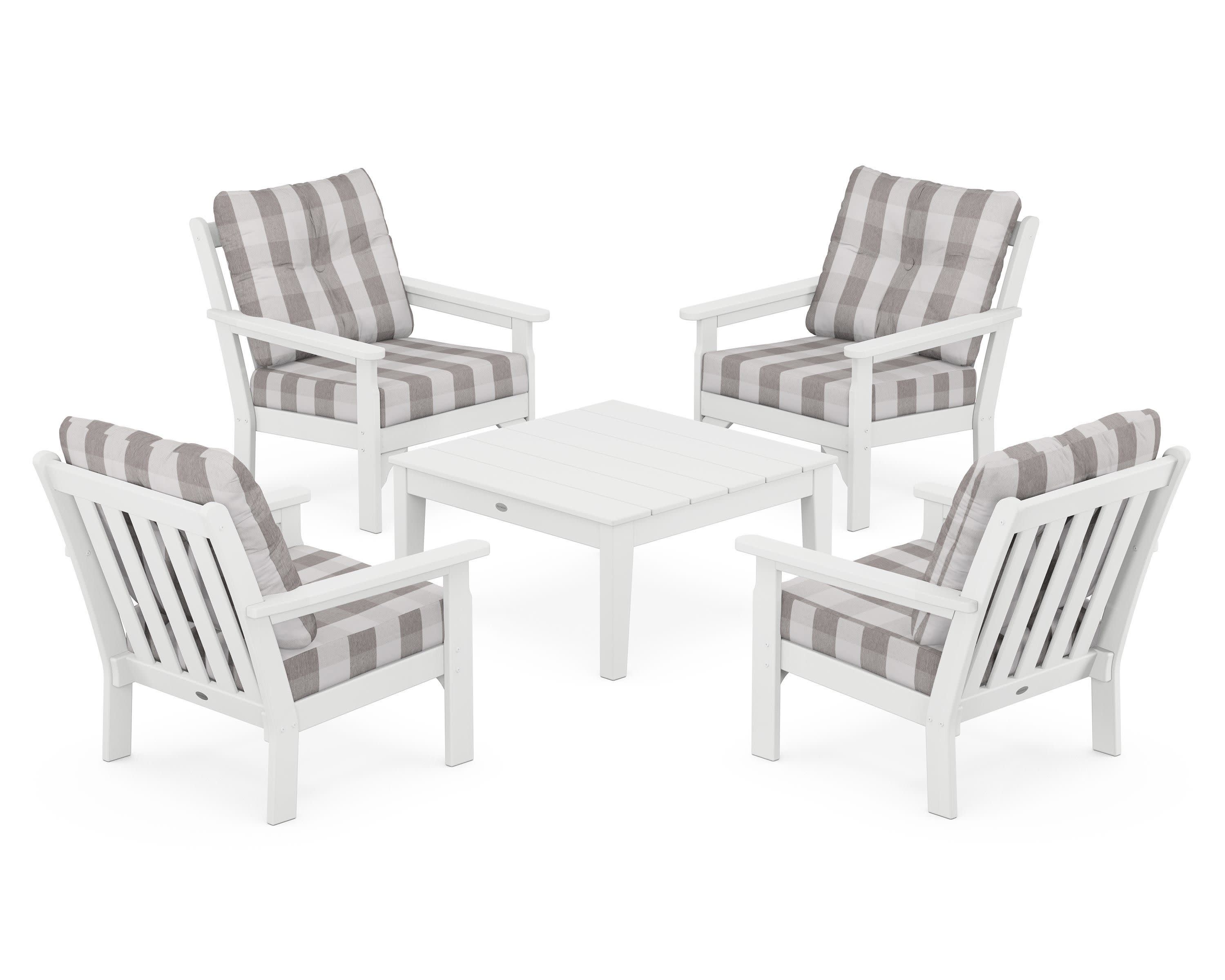 Vineyard 5-Piece Deep Seating Conversation Set in White / Buffalo Plaid Grey Mist