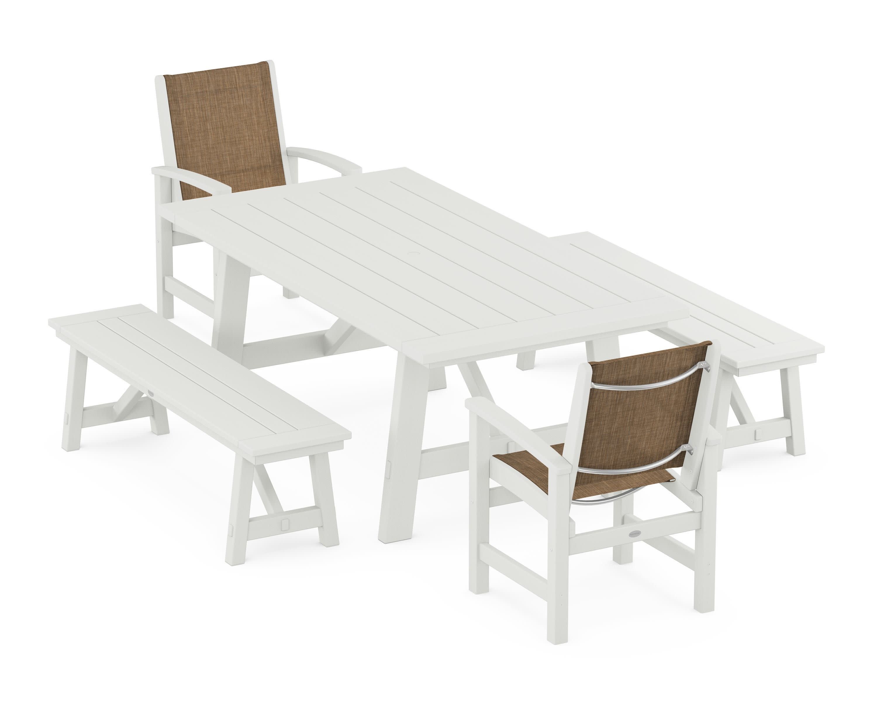 Coastal 5-Piece Rustic Farmhouse Dining Set With Benches in Vintage White / Burlap Sling