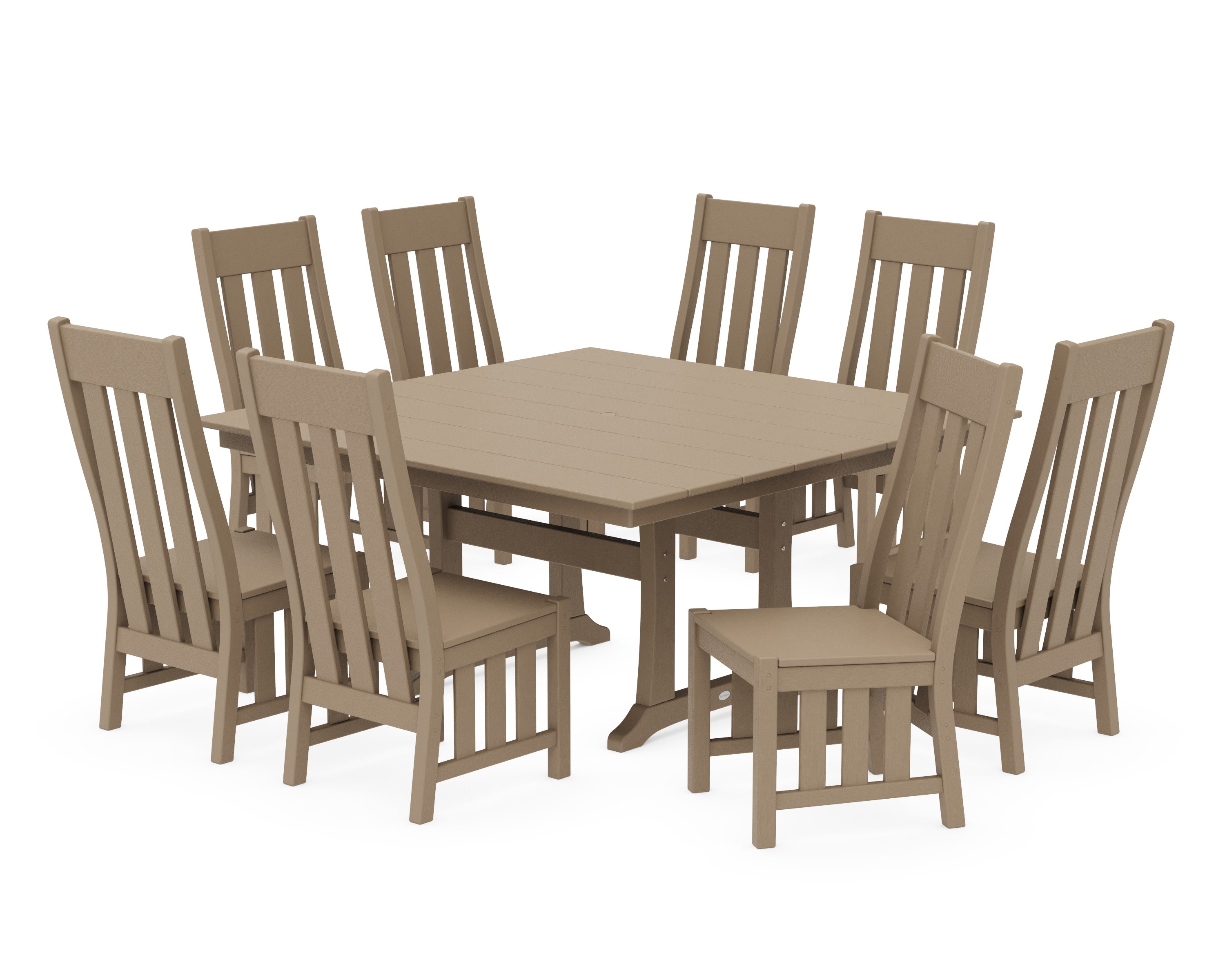 Acadia Side Chair 9-Piece Square Farmhouse Dining Set with Trestle Legs in Vintage Sahara