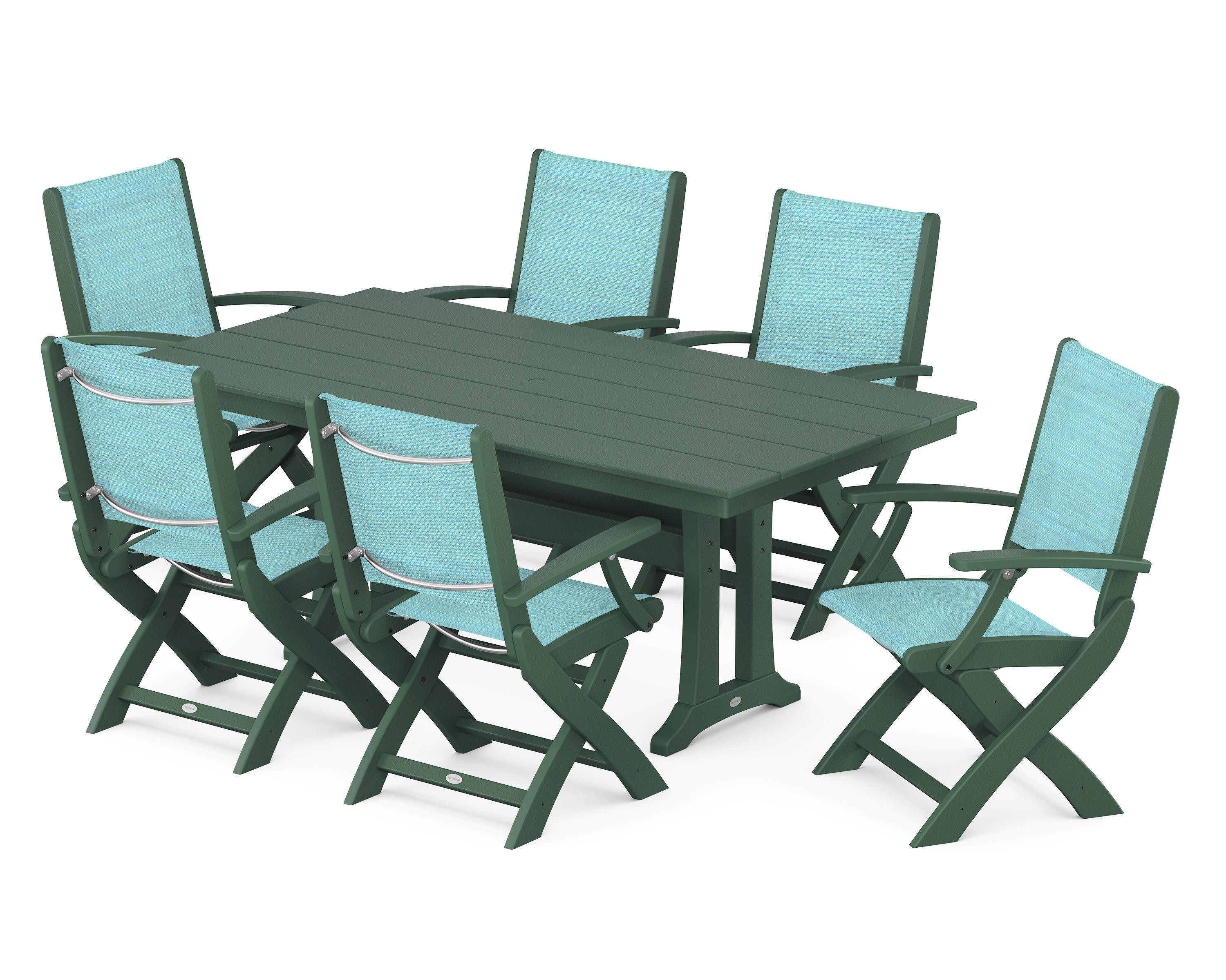 Coastal Folding Arm Chair 7-Piece Farmhouse Dining Set with Trestle Legs in Green / Dupioni Aquamarine Sling