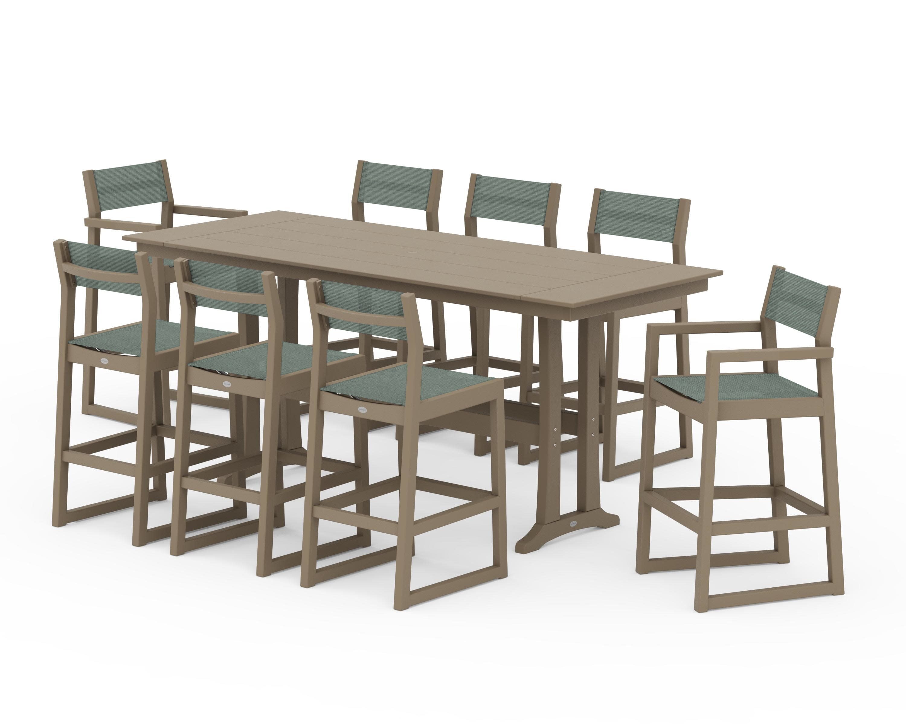 EDGE Sling 9-Piece Farmhouse Bar Set with Trestle Legs in Vintage Sahara / Dupioni Sea Mist Sling