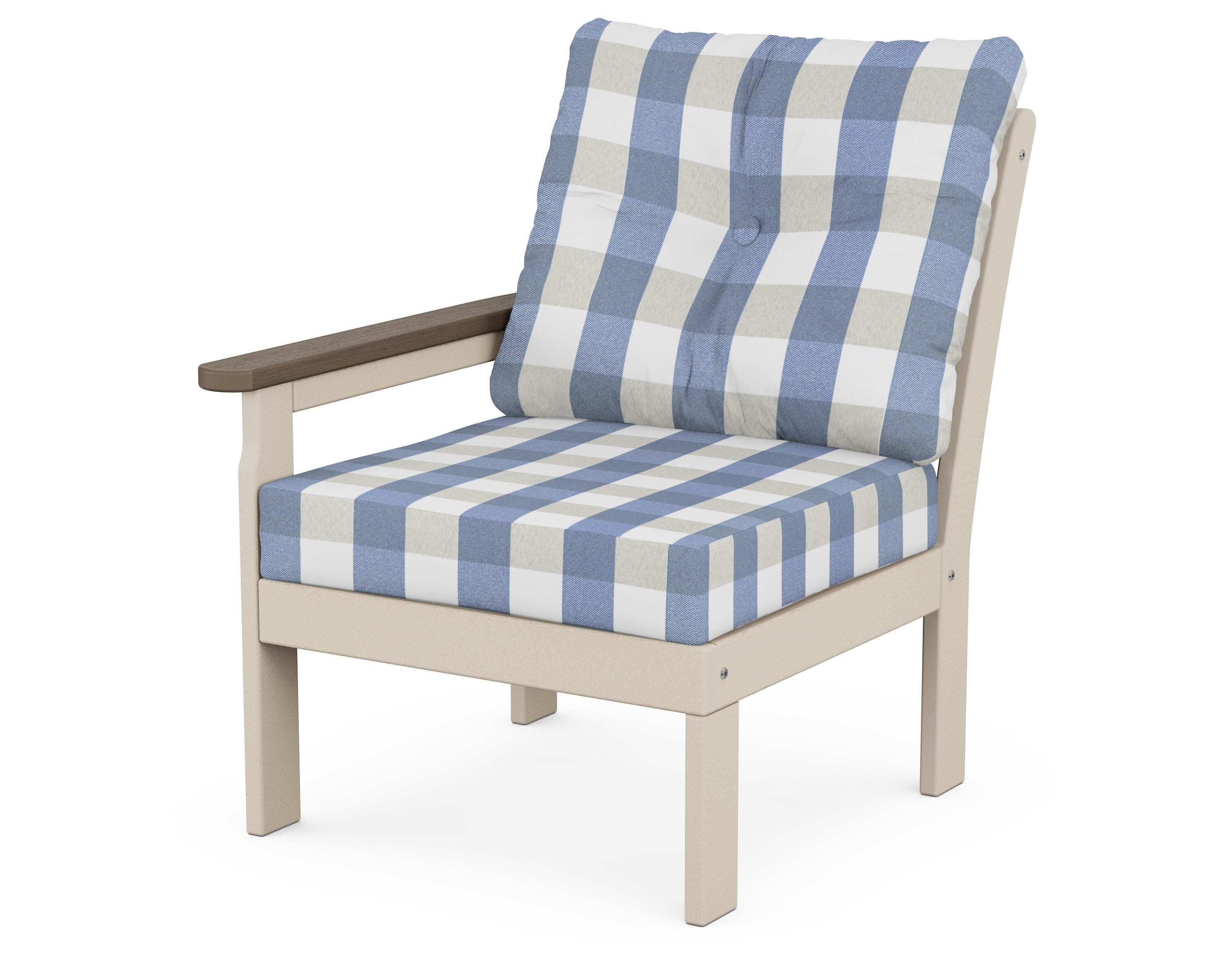 Vineyard Modular Left Arm Chair in Sand / Kona / Buffalo Plaid Sky Blue