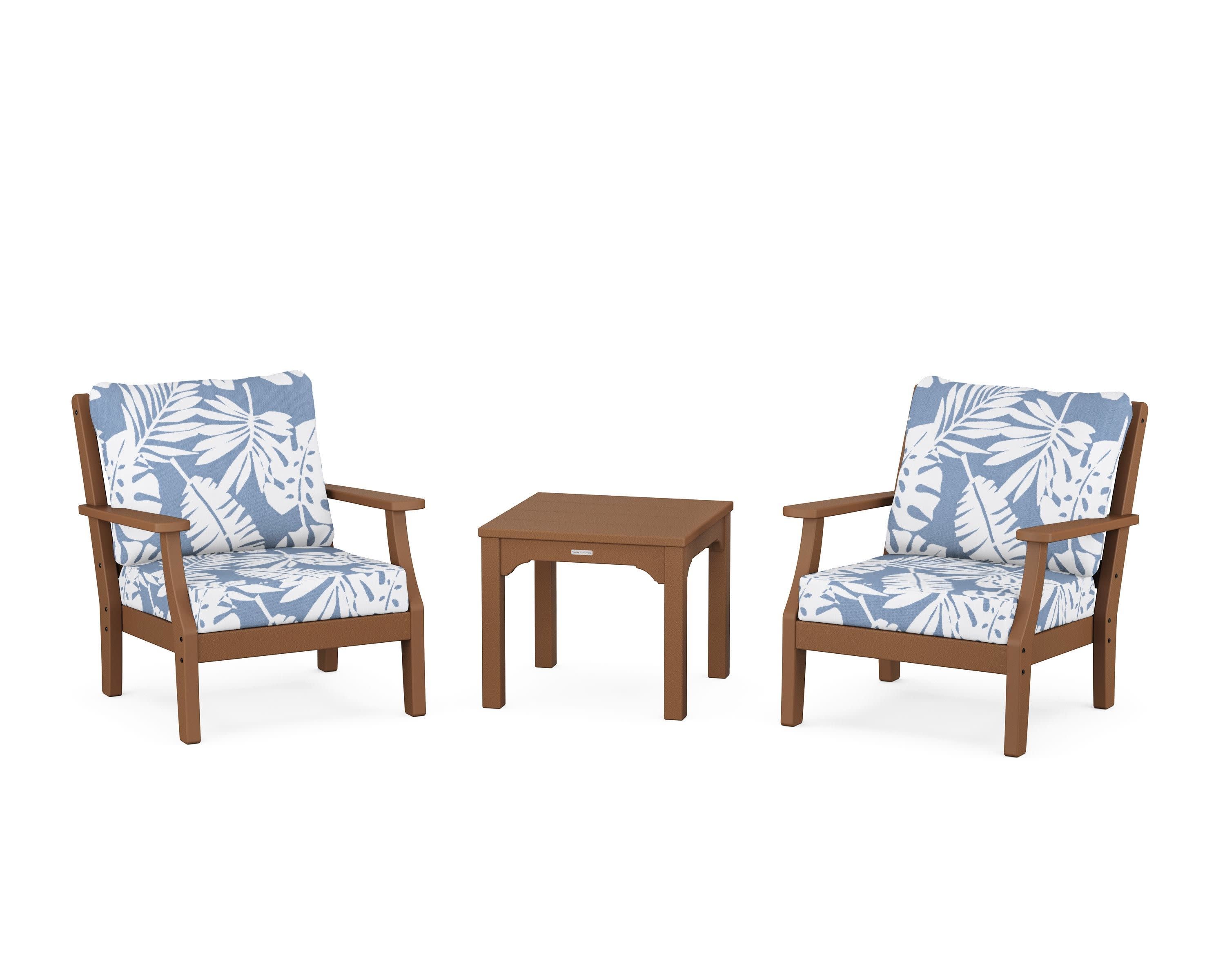 Chinoiserie 3-Piece Deep Seating Set in Teak / Leaf Sky Blue