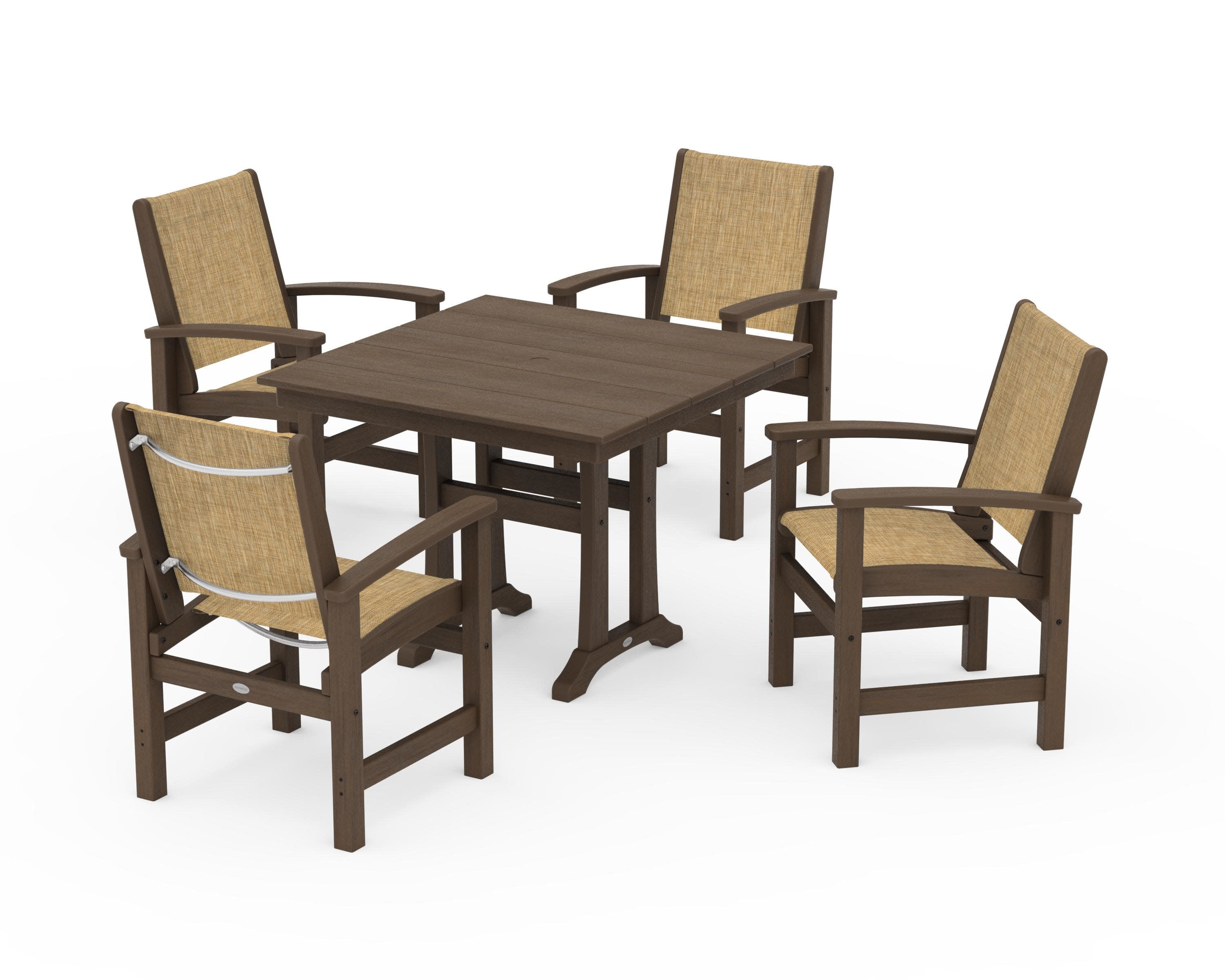 Coastal 5-Piece Farmhouse Dining Set With Trestle Legs in Kona / Burlap Sling