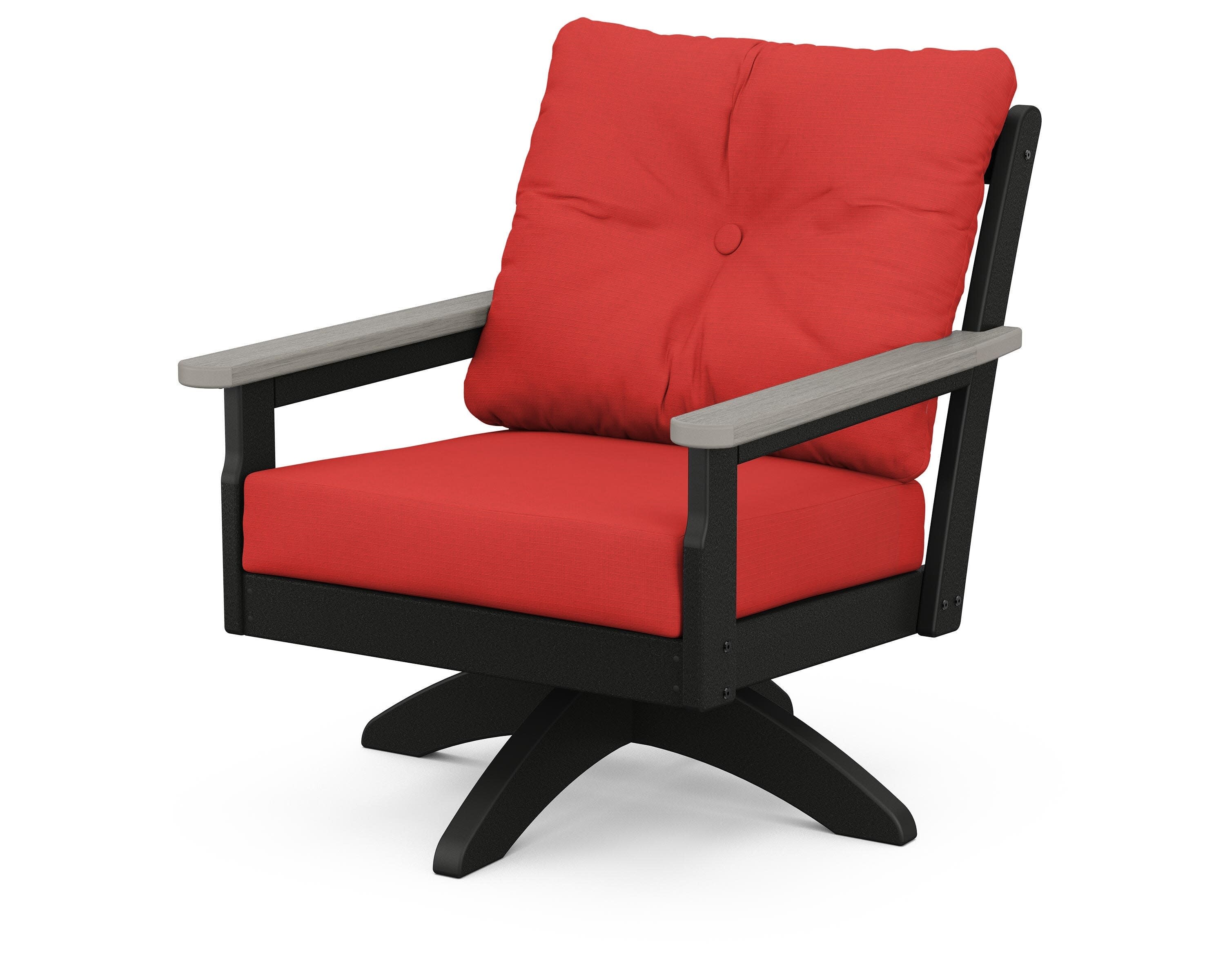 Vineyard Deep Seating Swivel Chair in Black / Driftwood / Crimson Linen