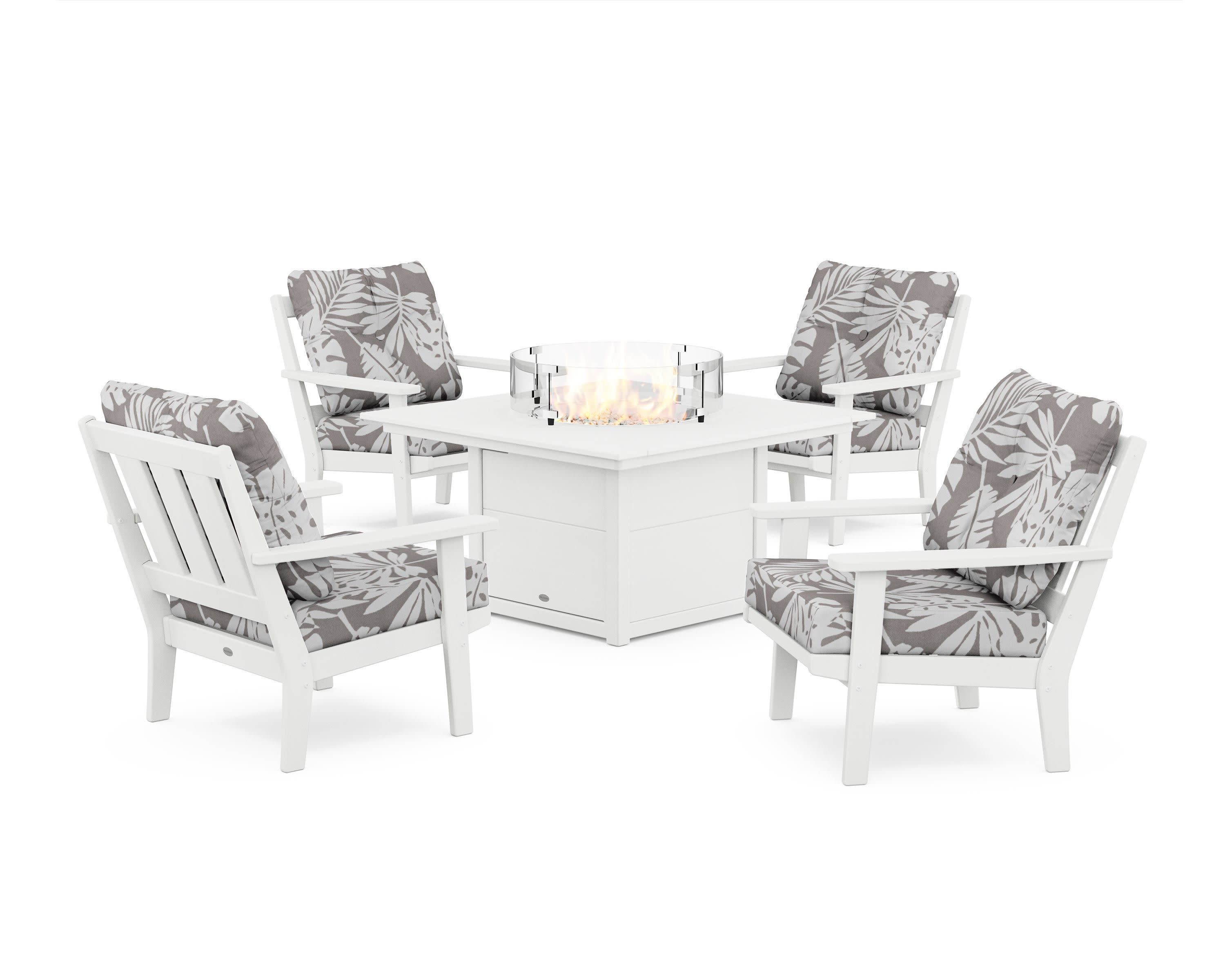 Oxford 5-Piece Deep Seating Set with Fire Pit Table in White / Leaf Grey Mist