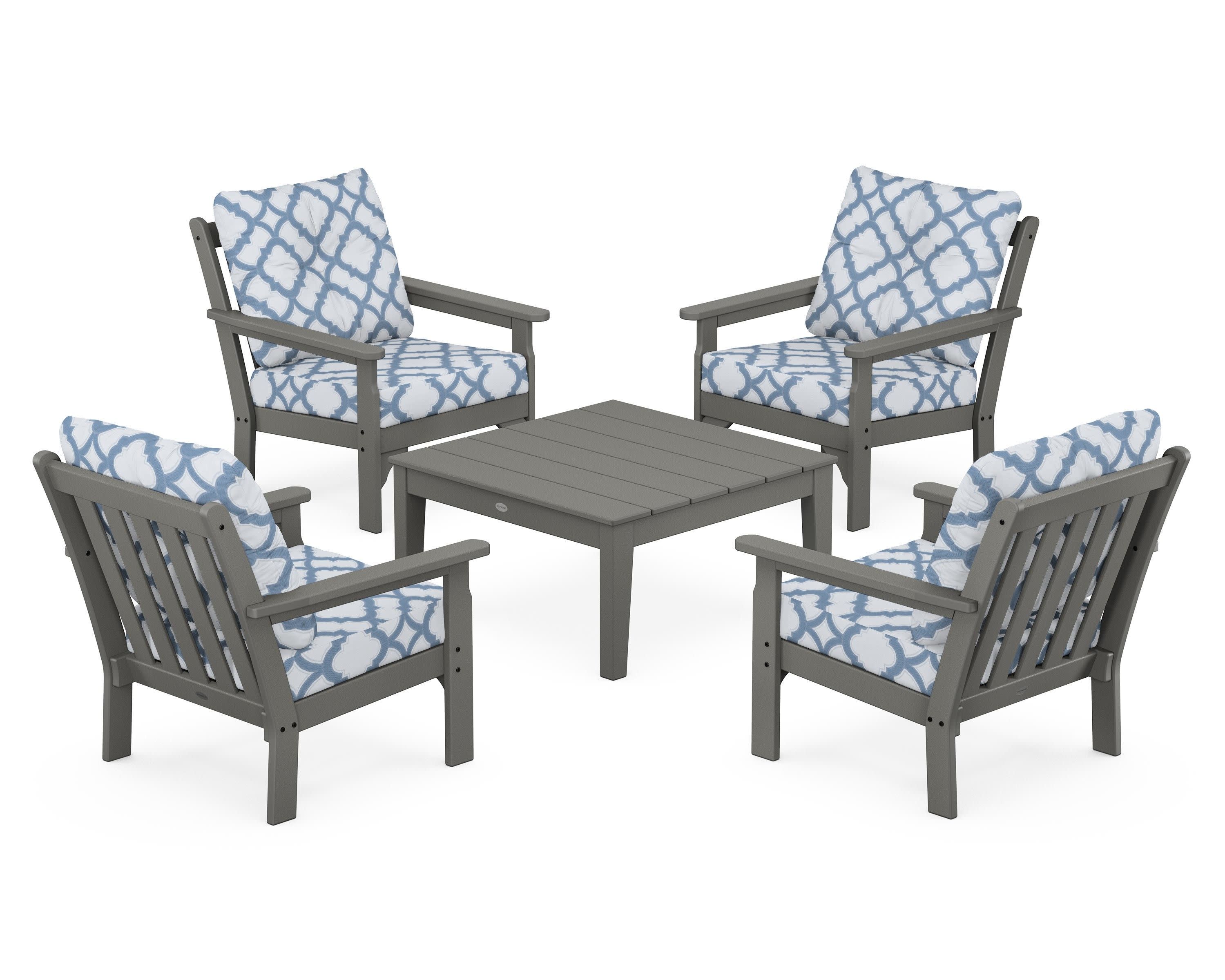 Vineyard 5-Piece Deep Seating Conversation Set in Slate Grey / Trellis Sky Blue