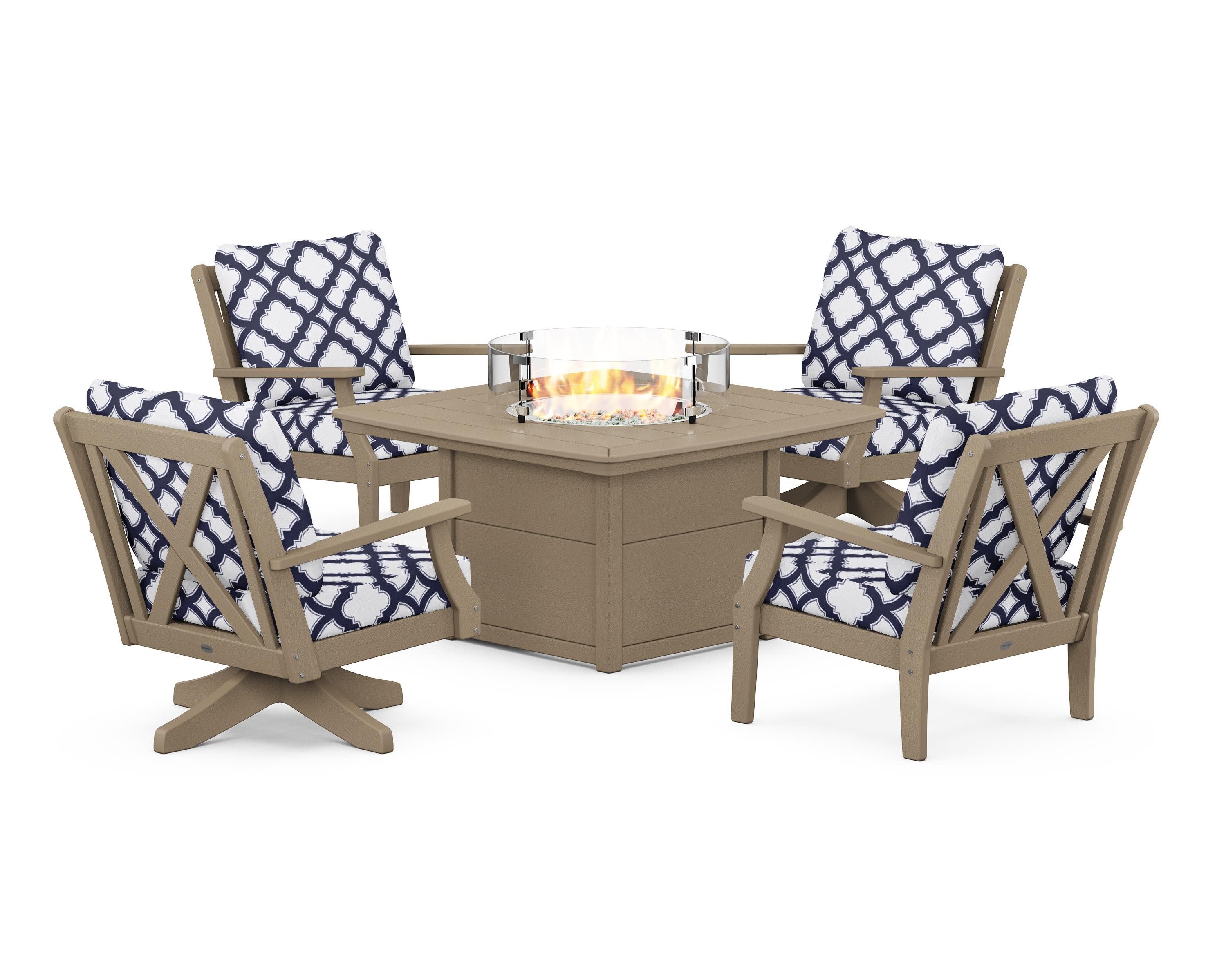 Braxton 5-Piece Deep Seating Set with Fire Table in Vintage Sahara / Trellis Navy