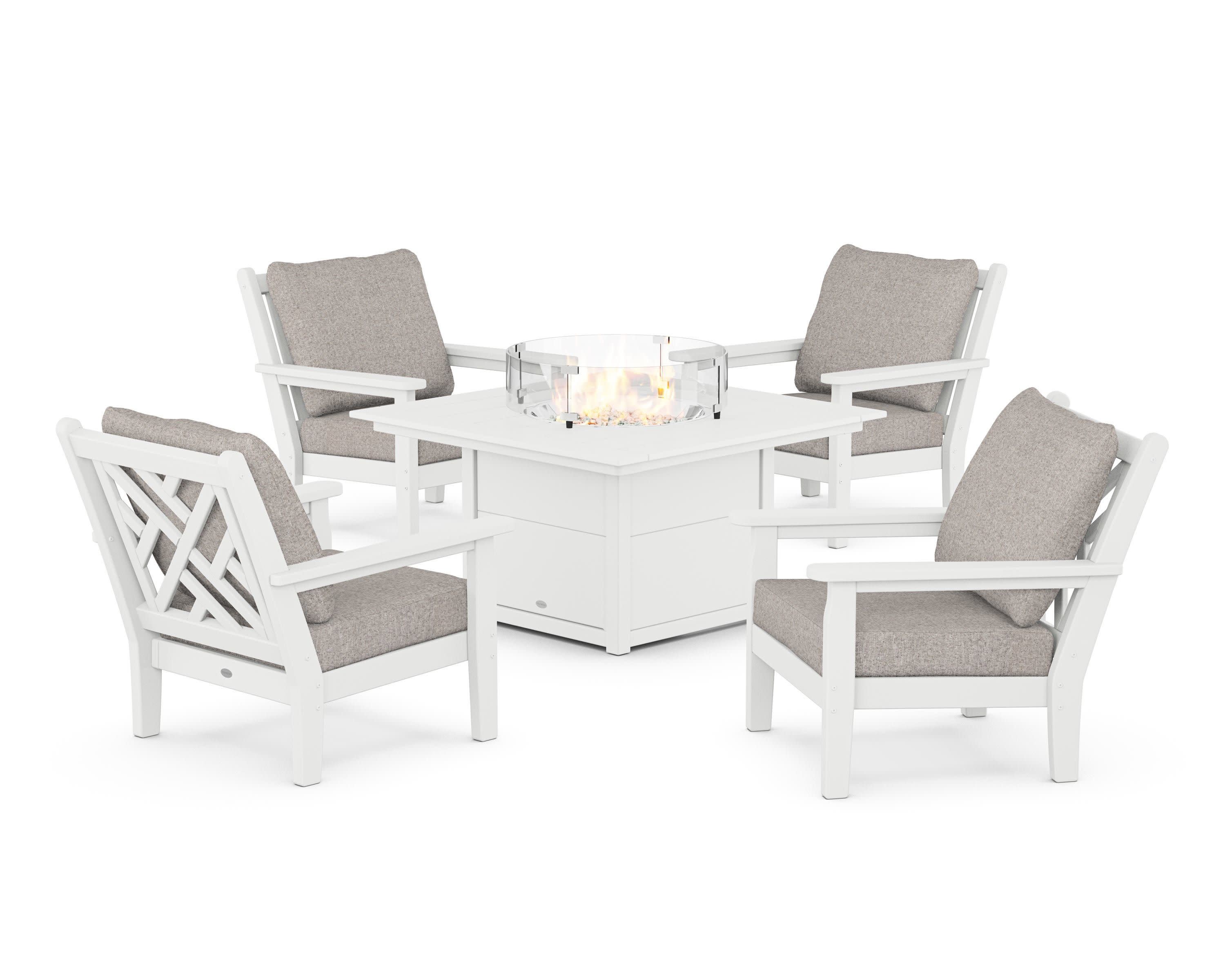Chippendale 5-Piece Deep Seating Set with Fire Pit Table in White / Weathered Tweed