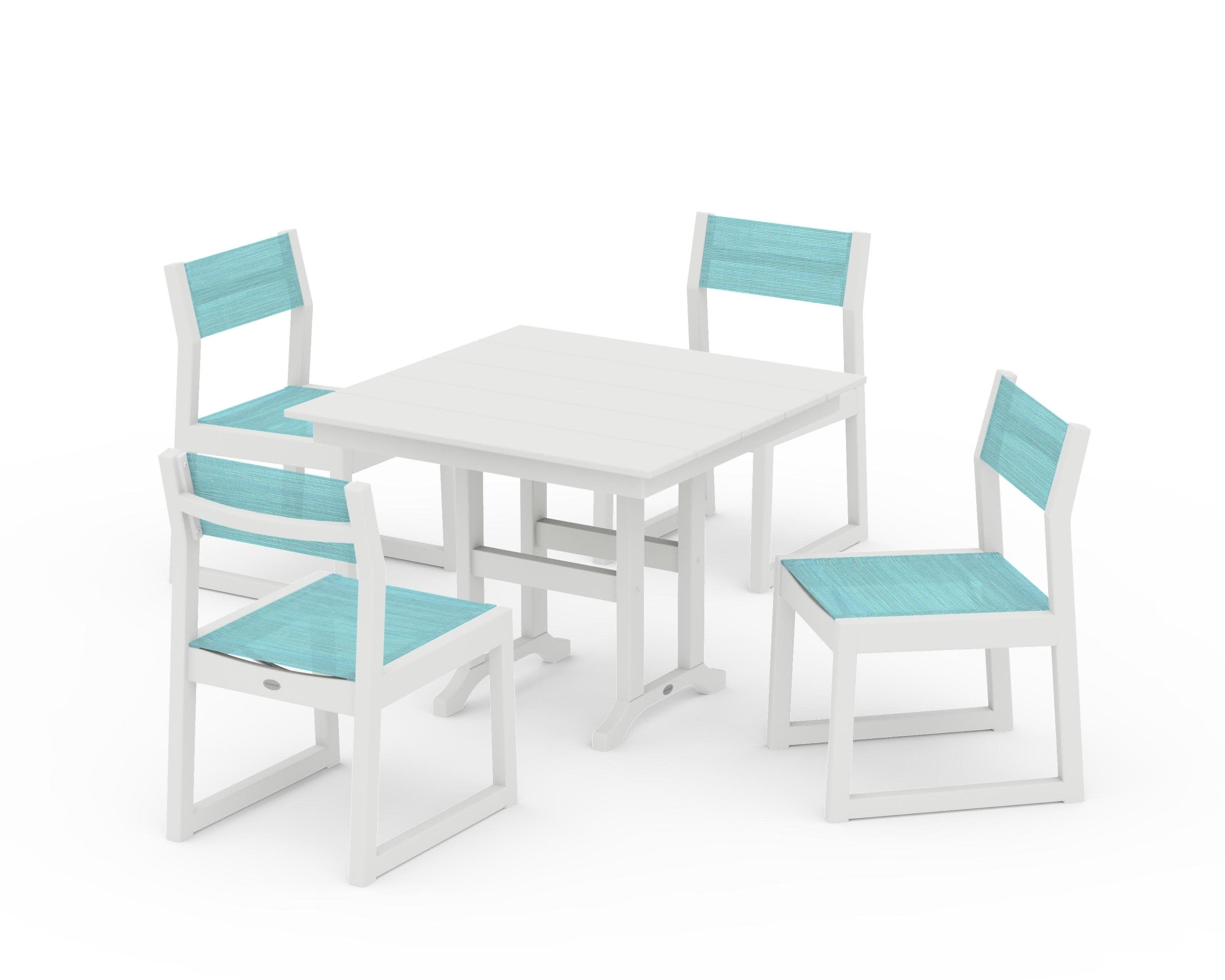 EDGE Sling Side Chair 5-Piece Farmhouse Dining Set in Vintage White / Dupioni Aquamarine Sling