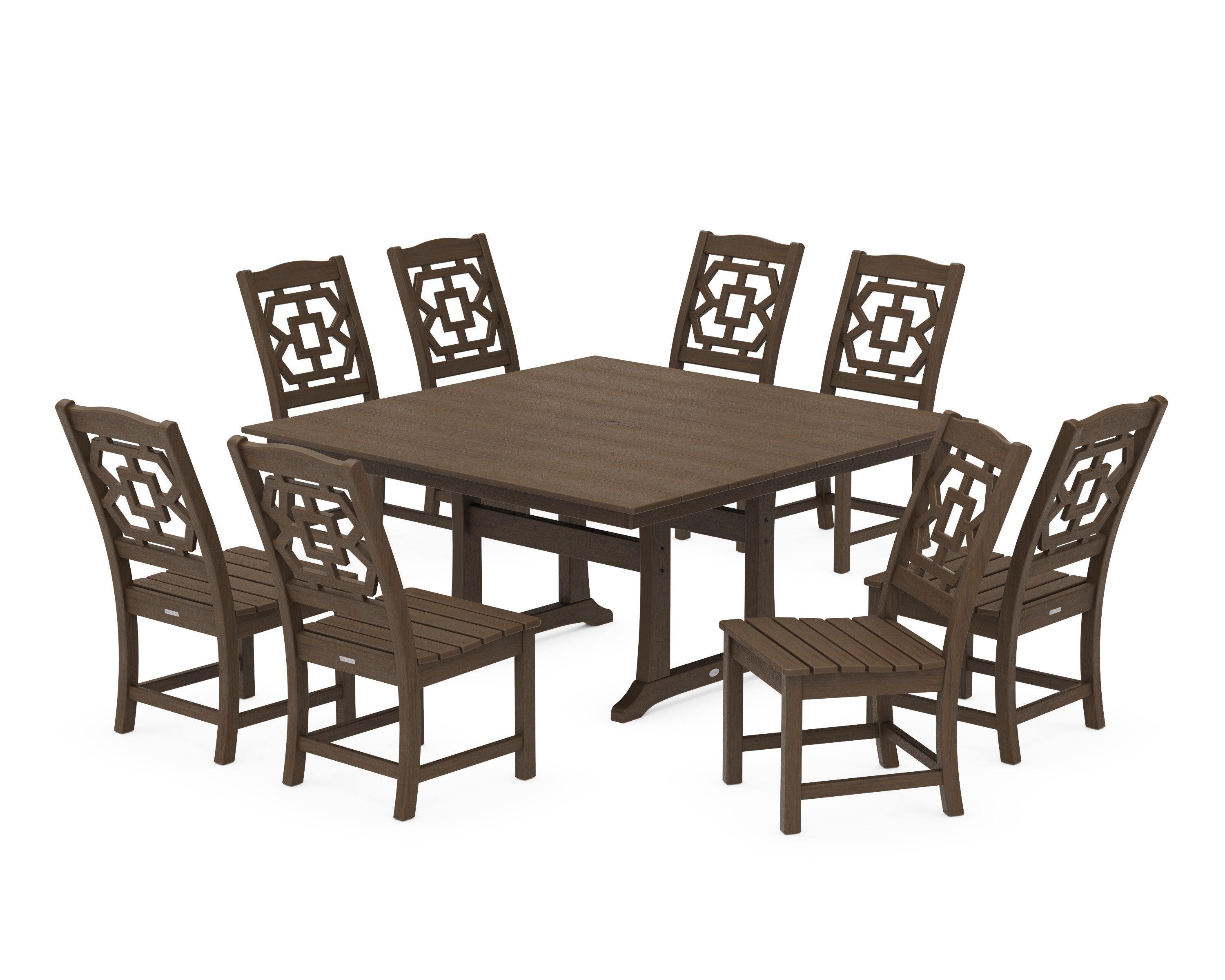 Chinoiserie 9-Piece Square Farmhouse Side Chair Dining Set with Trestle Legs in Kona