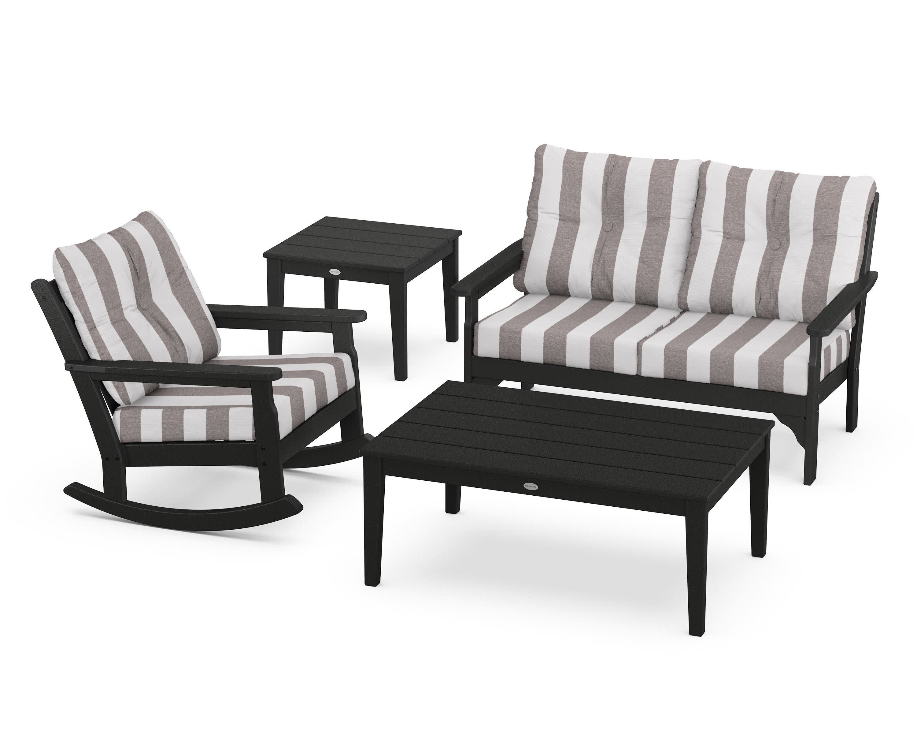 Vineyard 4-Piece Deep Seating Rocker Set in Black / Cabana Stripe Grey Mist