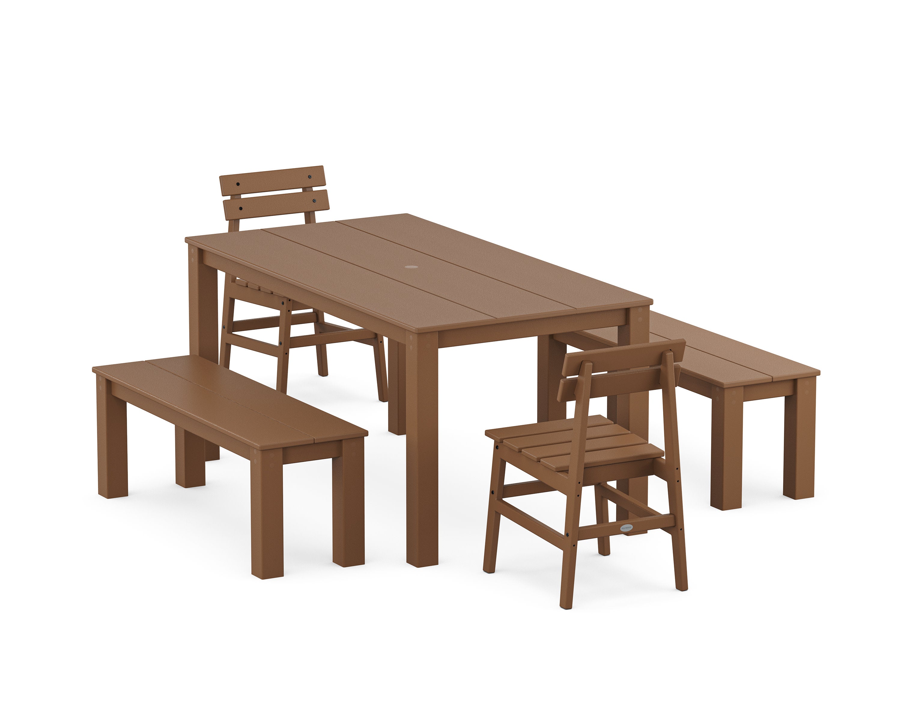 Modern Studio Plaza Chair 5-Piece Parsons Dining Set with Benches in Teak