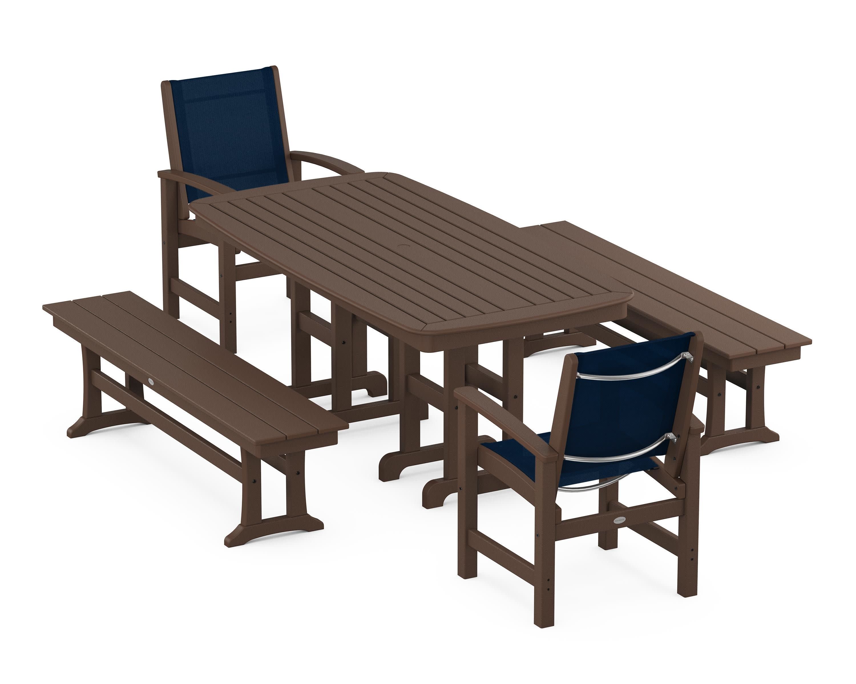 Coastal 5-Piece Dining Set in Mahogany / Navy Blue Sling