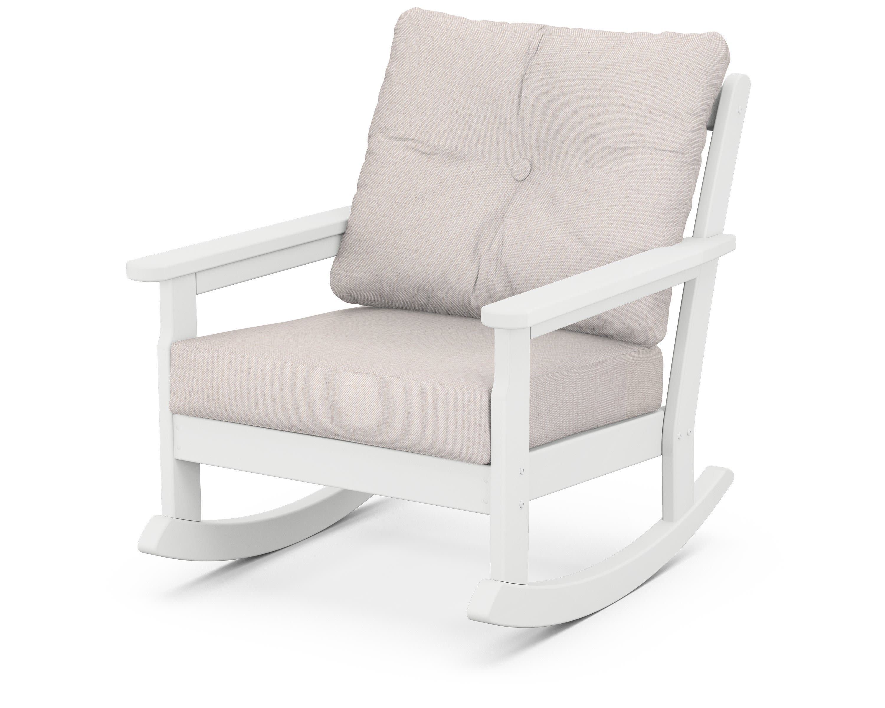 Vineyard Deep Seating Rocking Chair in White / Dune Burlap