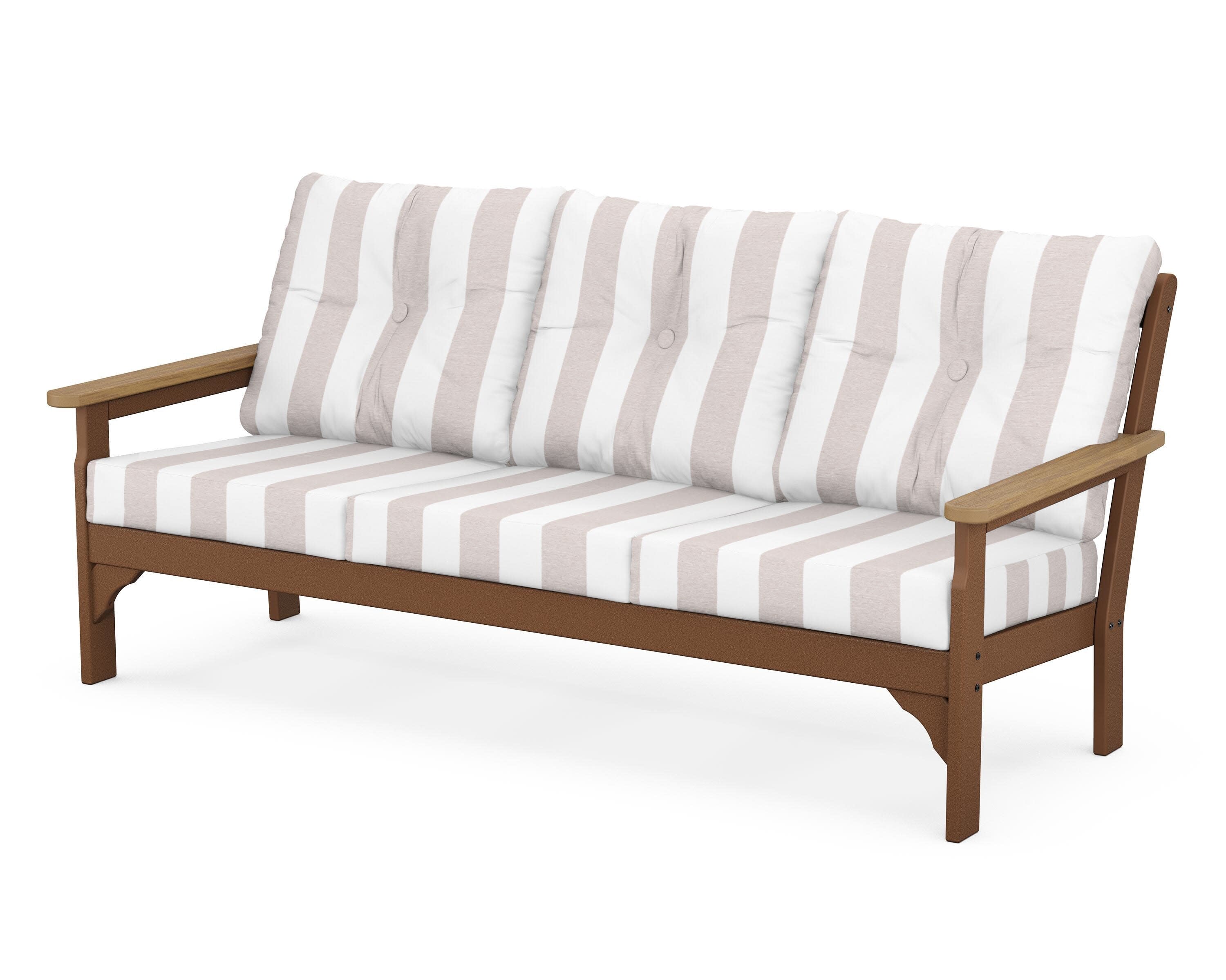 Vineyard Deep Seating Sofa in Teak / Natural / Cabana Stripe Dune Burlap