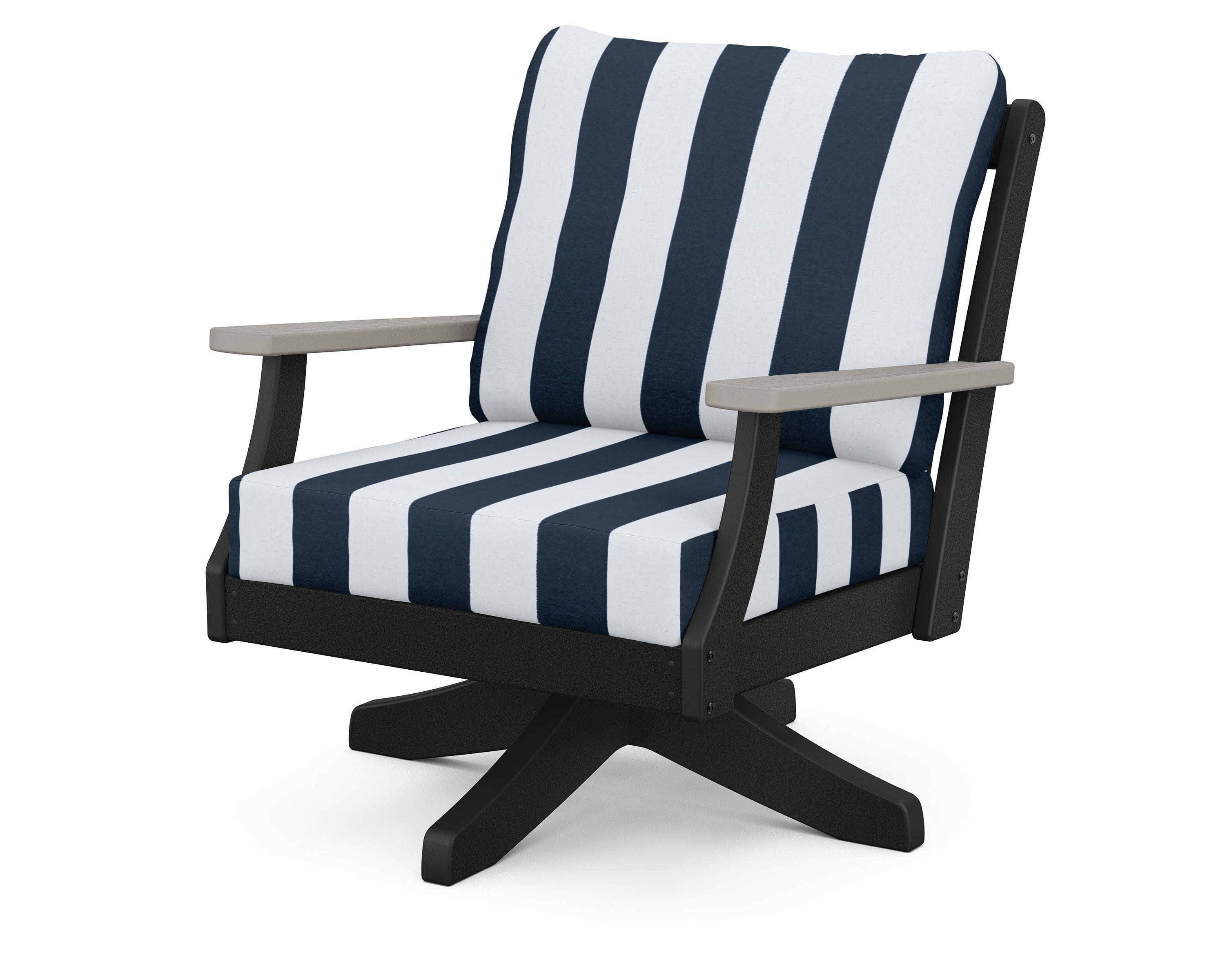 Braxton Deep Seating Swivel Chair in Black / Driftwood / Cabana Stripe Marine Indigo
