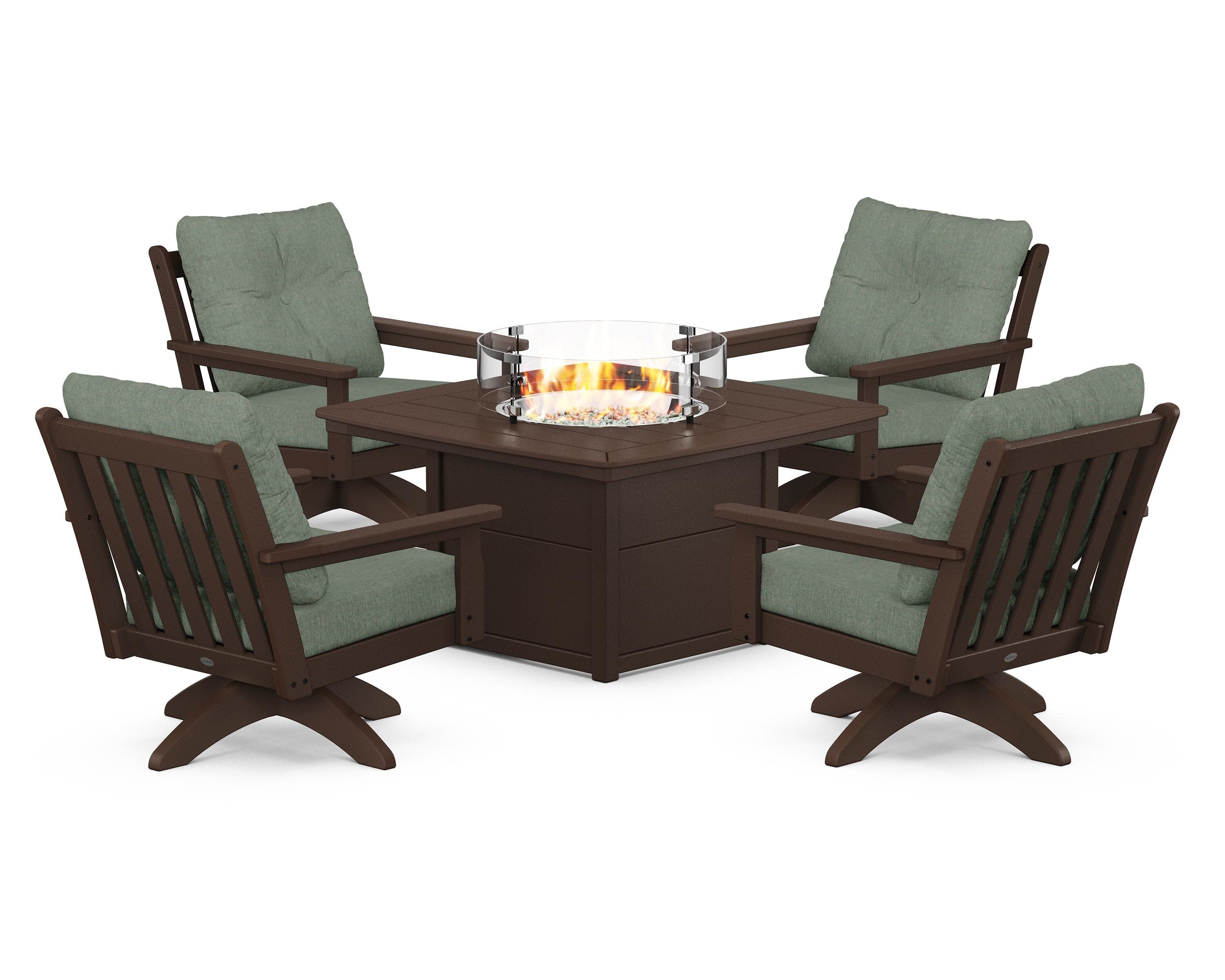 Vineyard 5-Piece Deep Seating Swivel Conversation Set with Fire Pit Table in Mahogany / Cast Sage