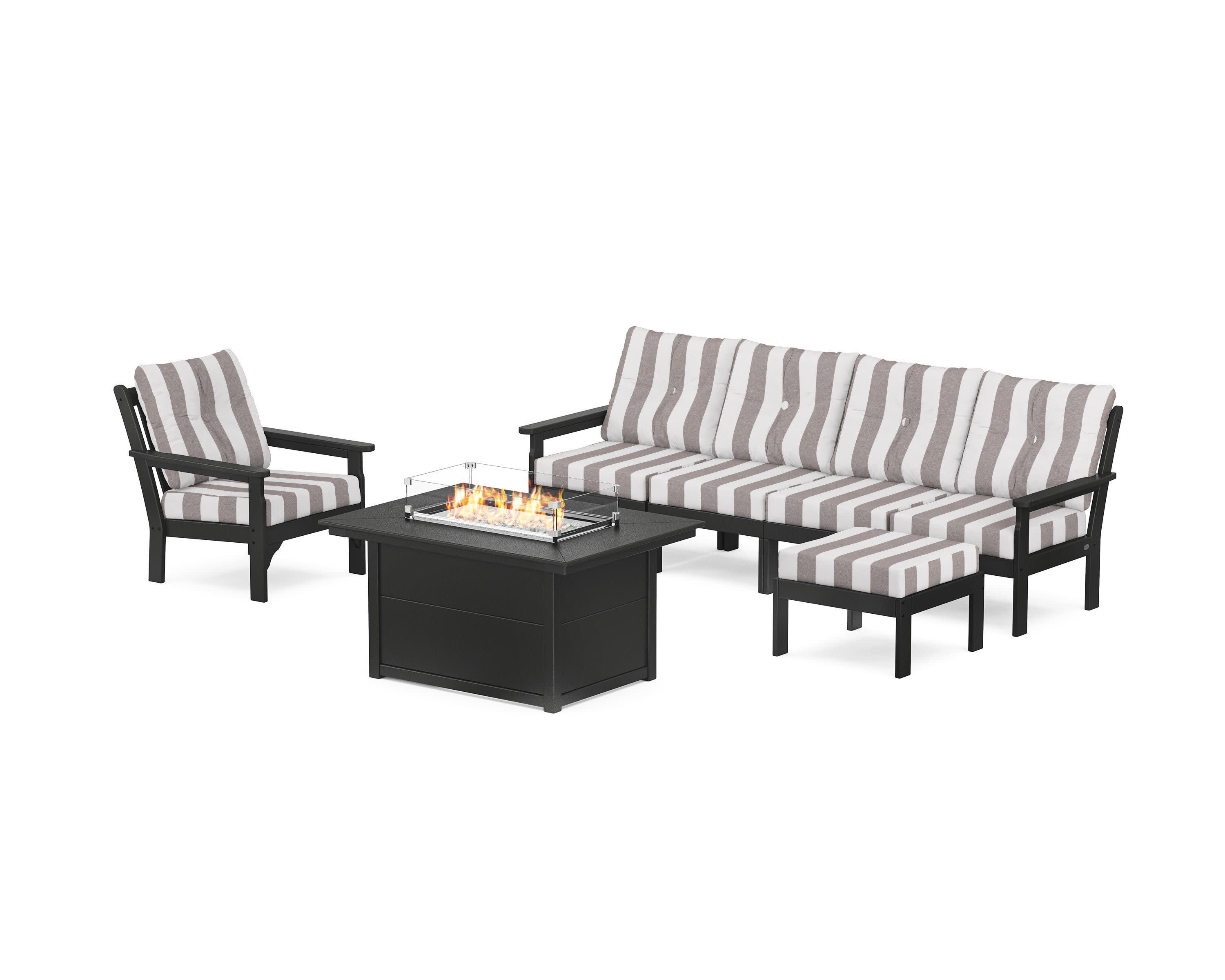 Vineyard Sectional Lounge and Fire Pit Set in Black / Cabana Stripe Grey Mist