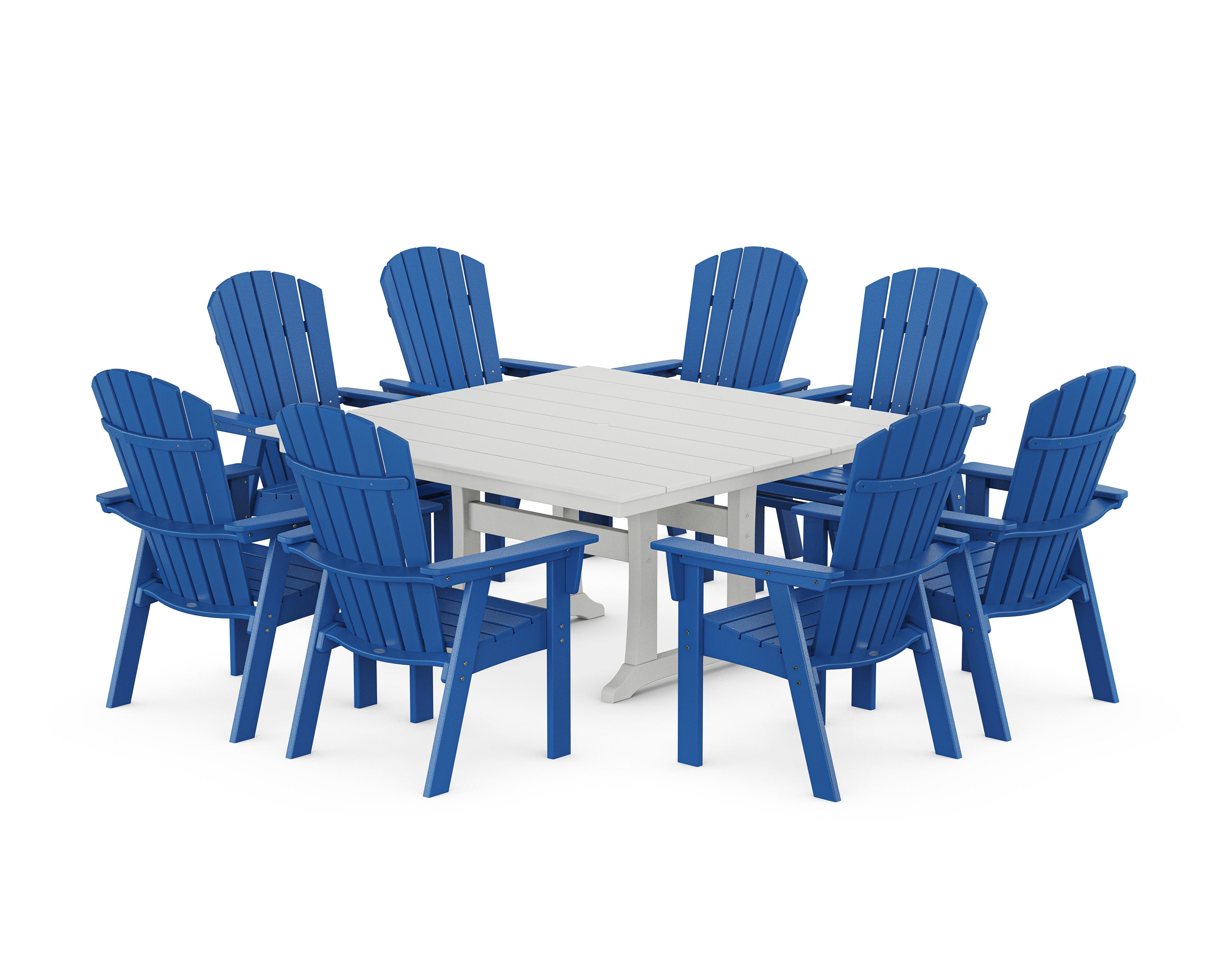 Nautical Curveback Adirondack 9-Piece Square Dining Set with Trestle Legs in Pacific Blue / White