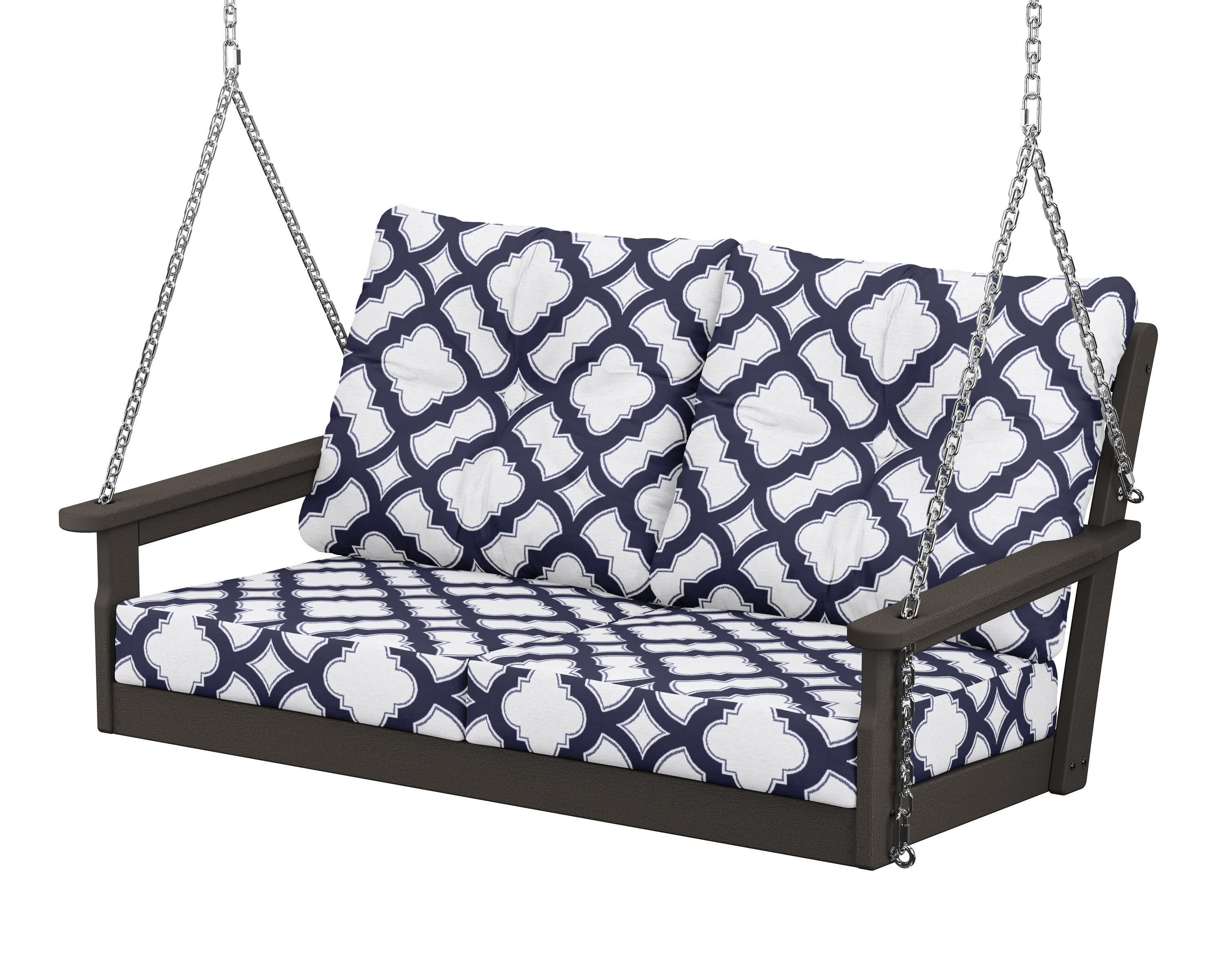 Vineyard Deep Seating Swing in Vintage Coffee / Trellis Navy