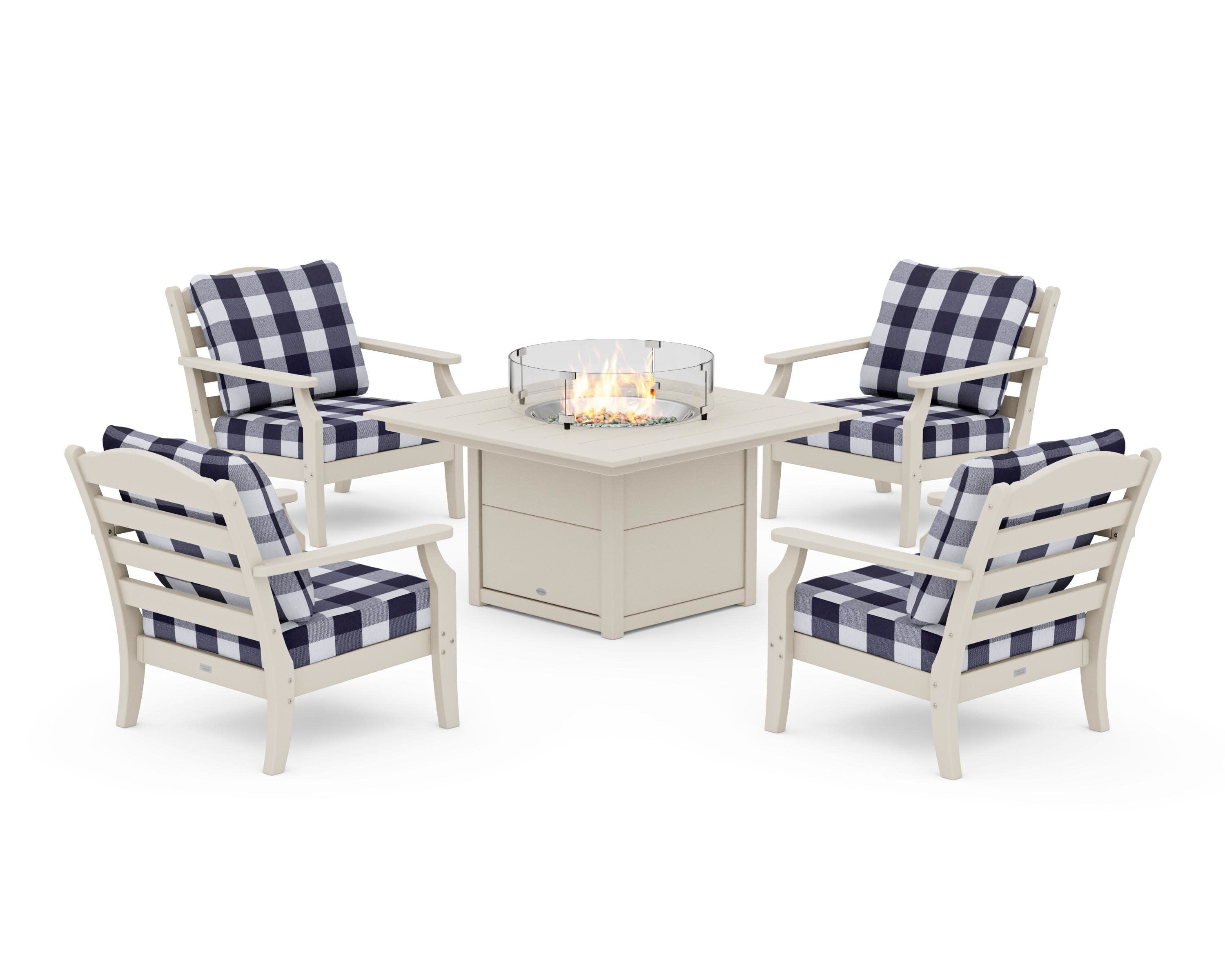 Savannah 5-Piece Deep Seating Set with Fire Pit Table in Sand / Buffalo Plaid Navy