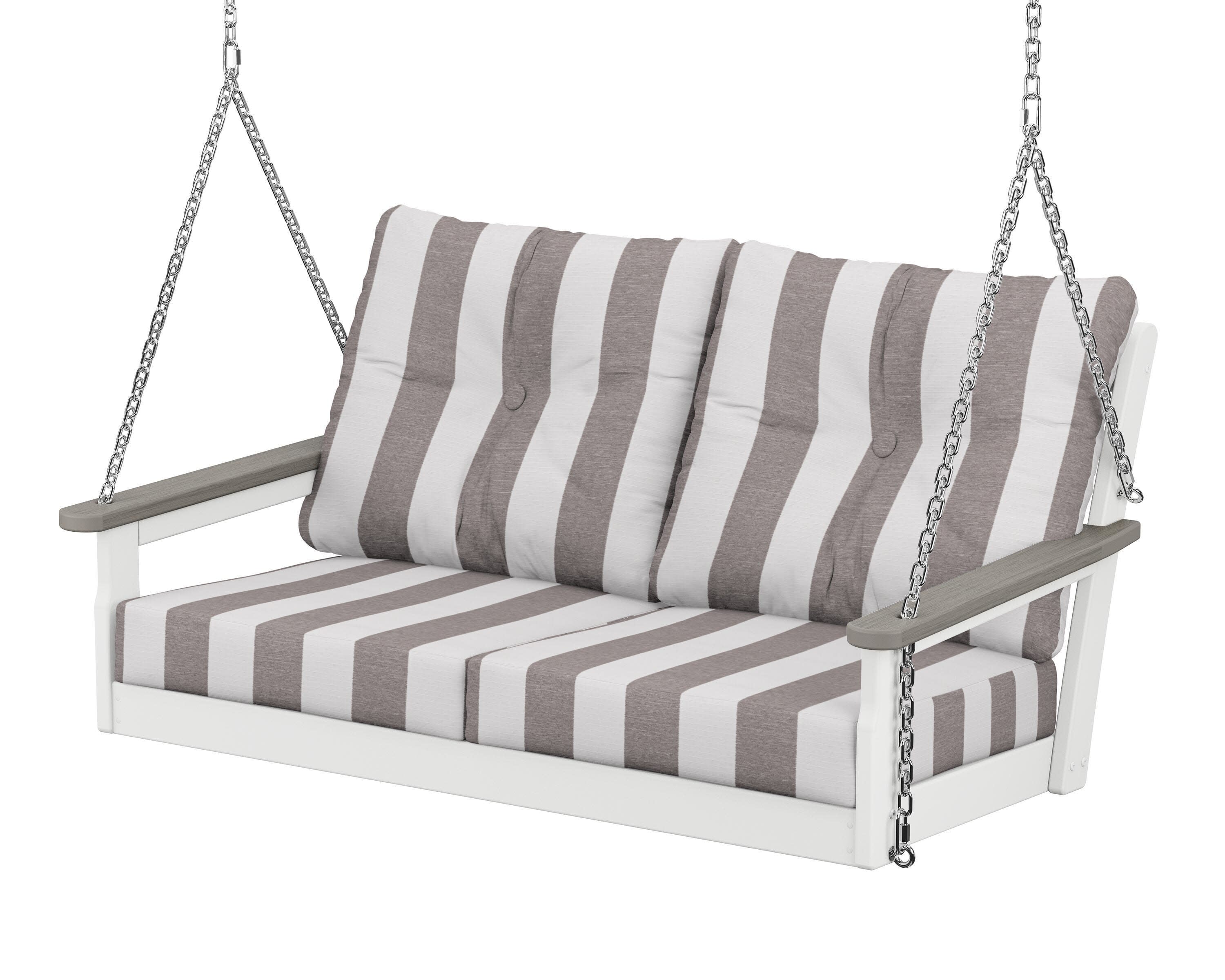 Vineyard Deep Seating Swing in White / Driftwood / Cabana Stripe Grey Mist
