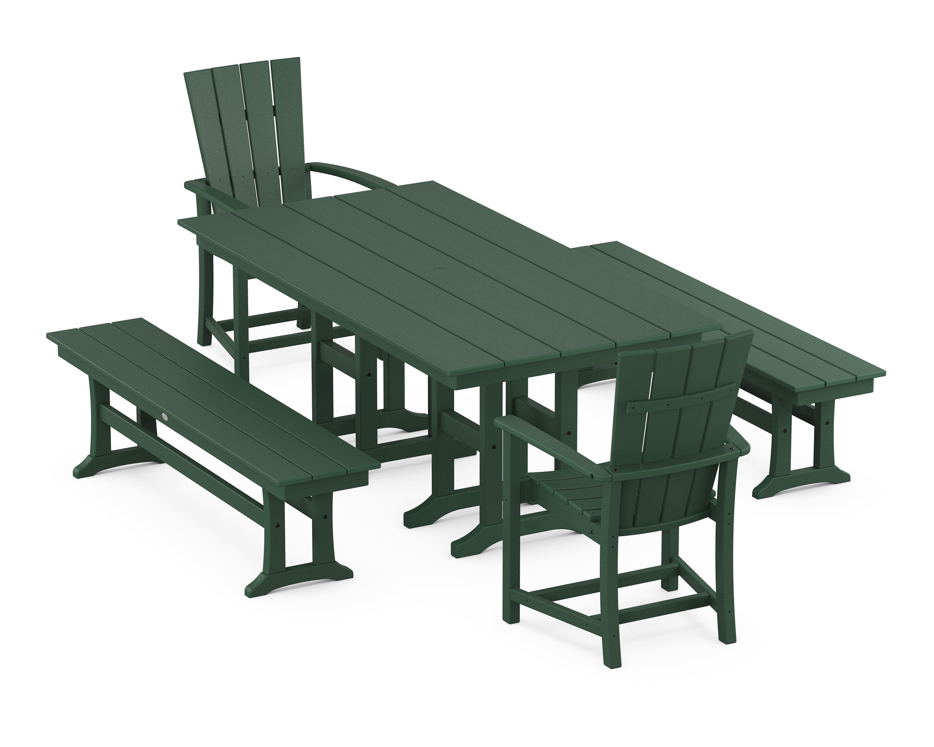 Quattro 5-Piece Farmhouse Dining Set with Benches in Green