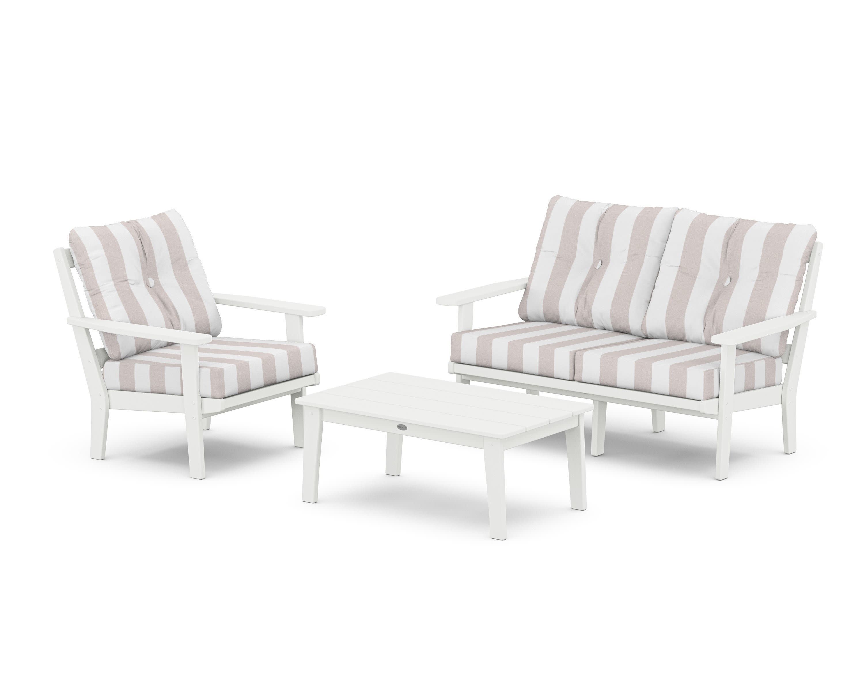 Oxford 3-Piece Deep Seating Set with Loveseat in White / Cabana Stripe Dune Burlap
