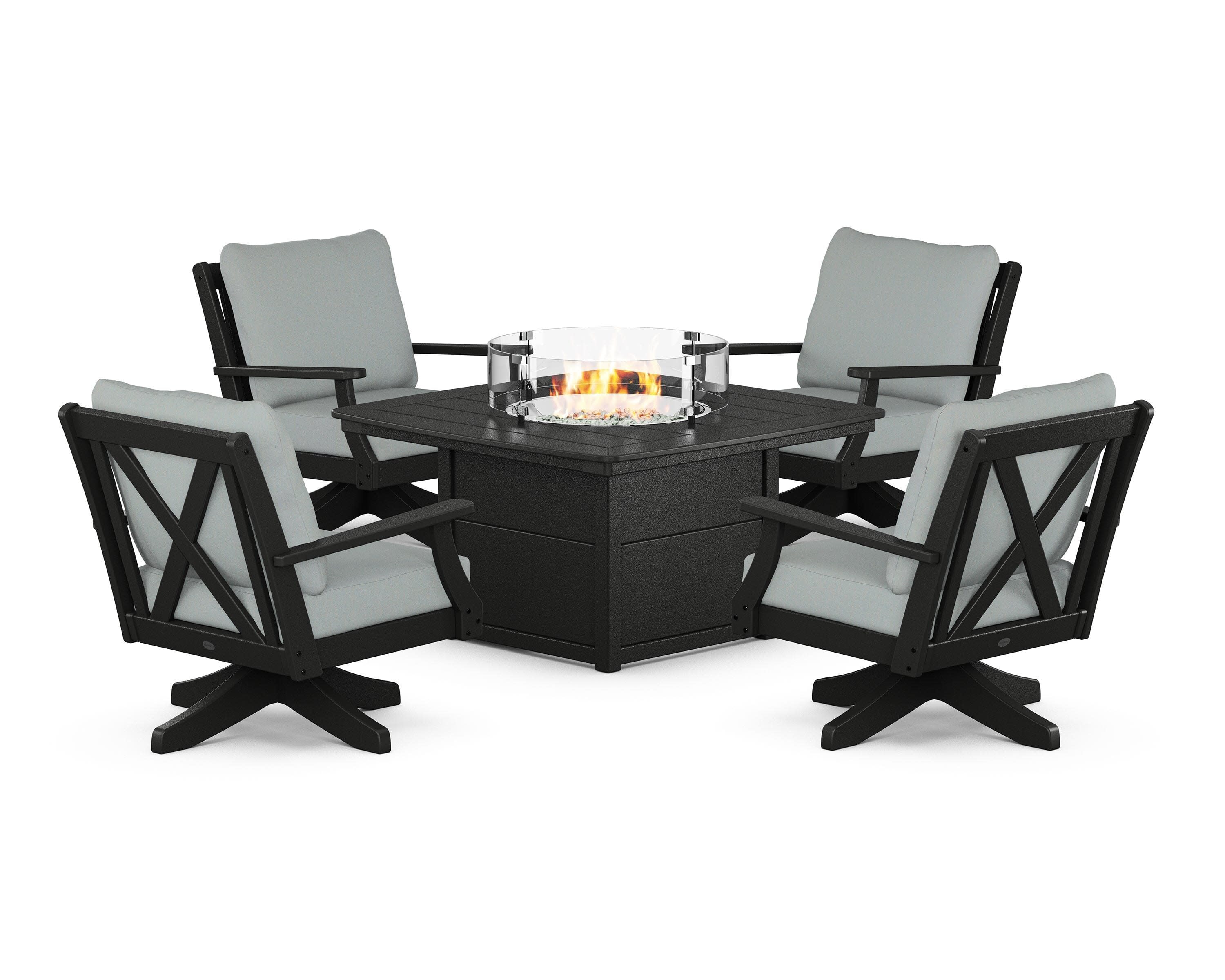 Braxton 5-Piece Deep Seating Swivel Conversation Set with Fire Pit Table in Black / Spa
